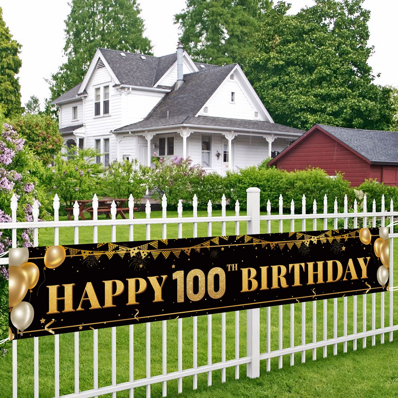Large Happy 100Th Birthday Decoration Banner, Black And Gold Happy 100Th Birthday Banner Sign, 100Th Birthday Party Decorations