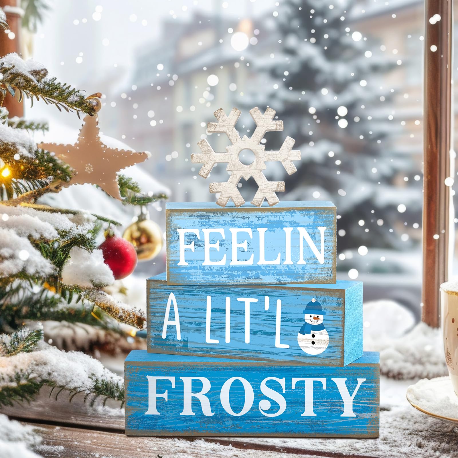 Yuntau 4 Pcs Winter Wooden Tabletop Decor Christmas Snowflake Tiered Tray Decor Rustic Wood Block Sign Gift Winter Centerpiece f
