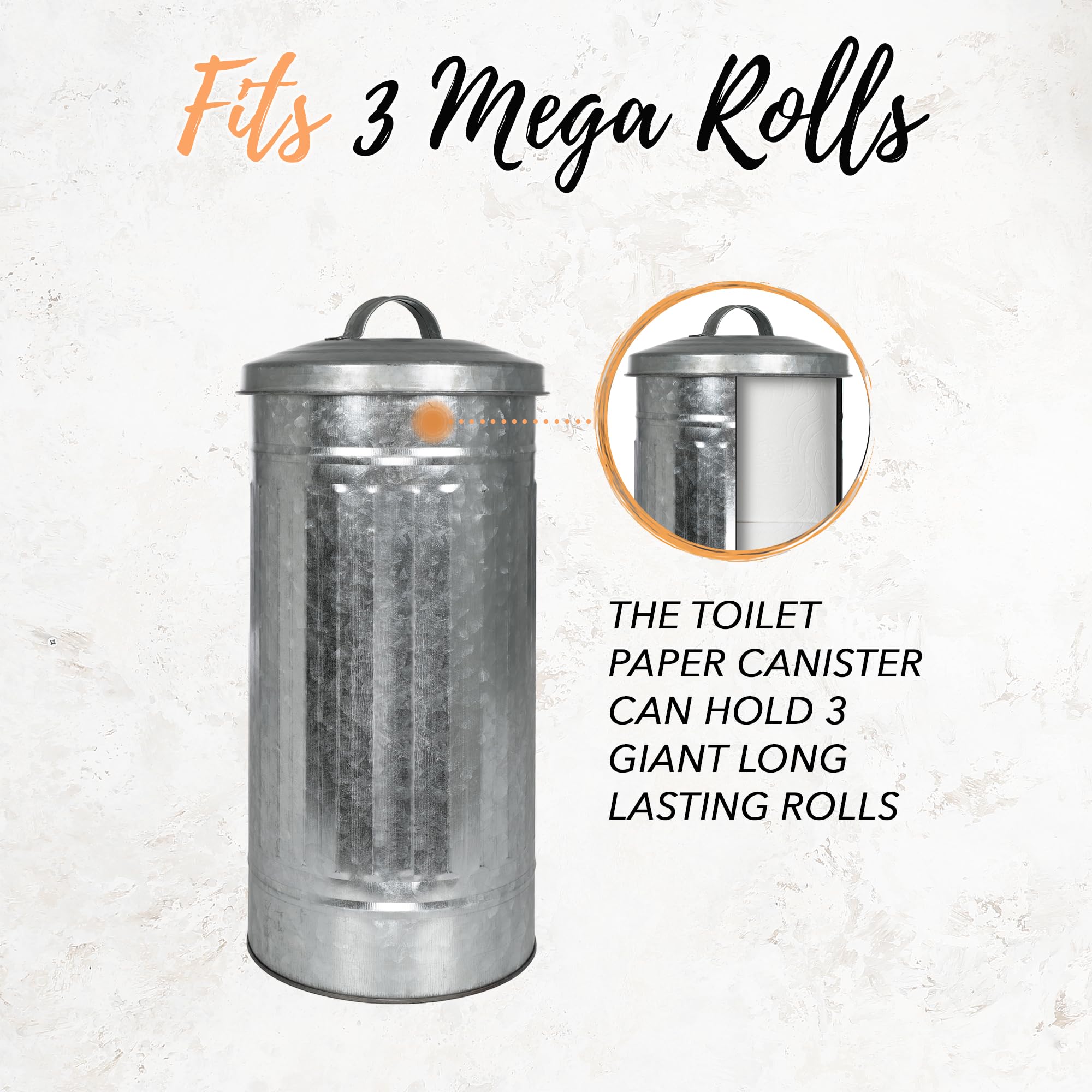 Autumn Alley Farmhouse Galvanized Metal Free Standing Toilet Paper Holder Organizer Stand Canister with Lid - Fits 3 Mega Rolls  Rustic Behind/Beside Toilet Storage Stand