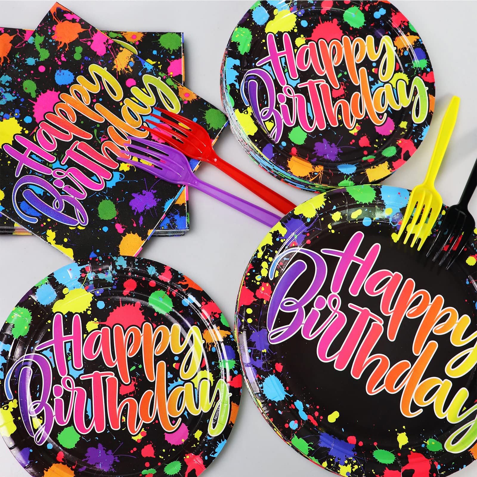 Kepeel 96 Pcs Neon Party Plates  Glow Birthday Party Supplies Disposable Paper Plates Dessert Napkins Glow in the Dark Favors Decorations Graffiti Tableware For Kids  Serves 24