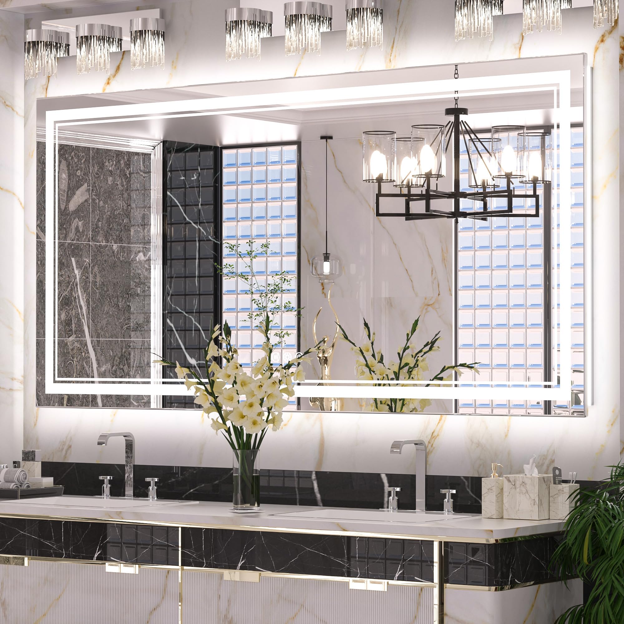 Keonjinn Led Mirror For Bathroom 60'' X 30'' Frontlit And Backlit, Large Stepless 3 Colors Temperature & Dimmable Wall Mirror, U