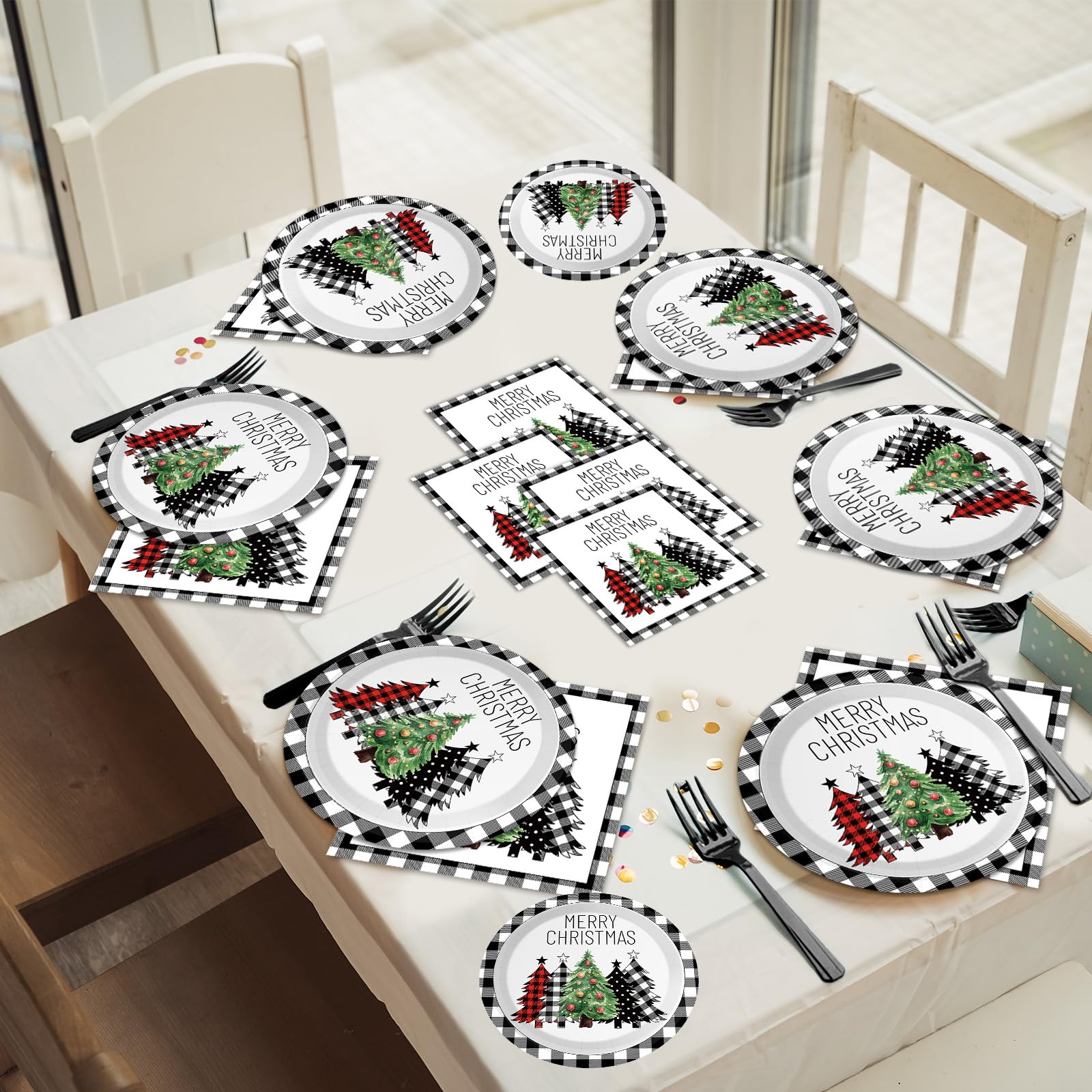 96 Pieces Buffalo Plaid Christmas Tree Tableware Set for Christmas Party Black and White Gingham Buffalo Plaid Decorations Dispo