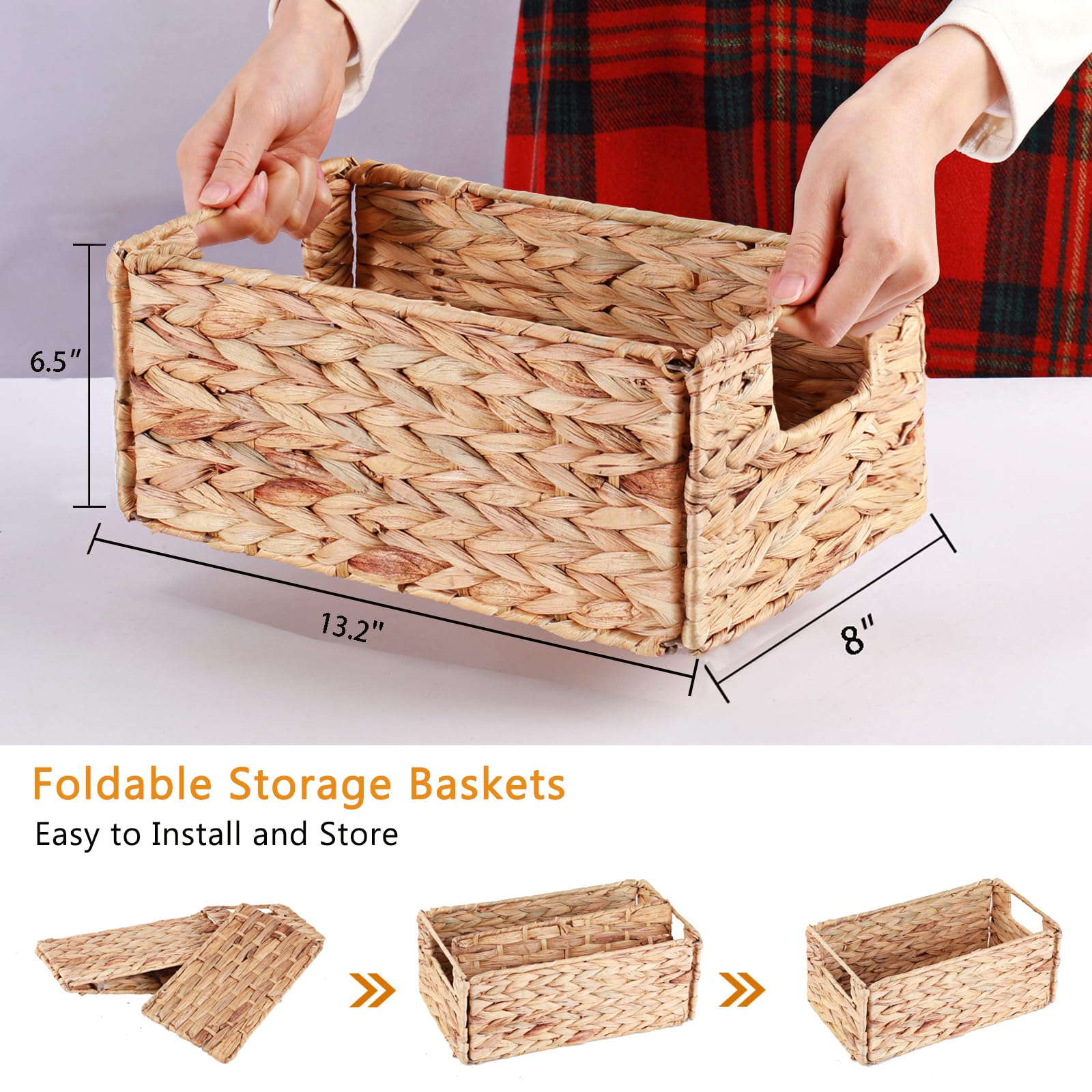 Vagusicc Storage Basket, Set Of 2 Wicker Basket, Hand-Woven Water Hyacinth Storage Baskets For Organizing, Foldable Rectangular