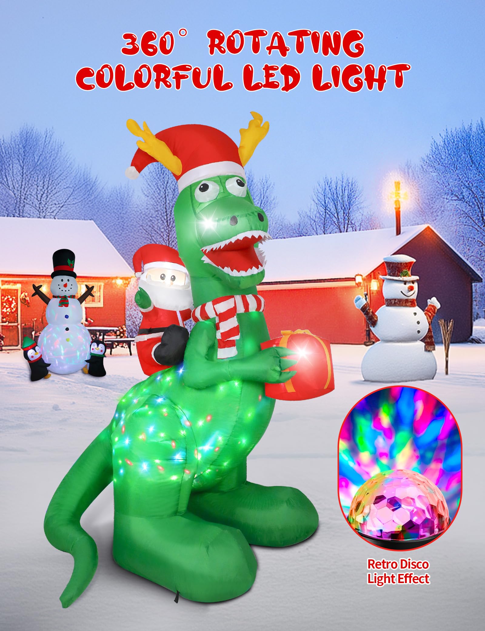 8ft Christmas Inflatables Dinosaur Outdoor Decorations with Bright LED and Disco Light, Santa Claus Riding Dinosaur Holding Gift