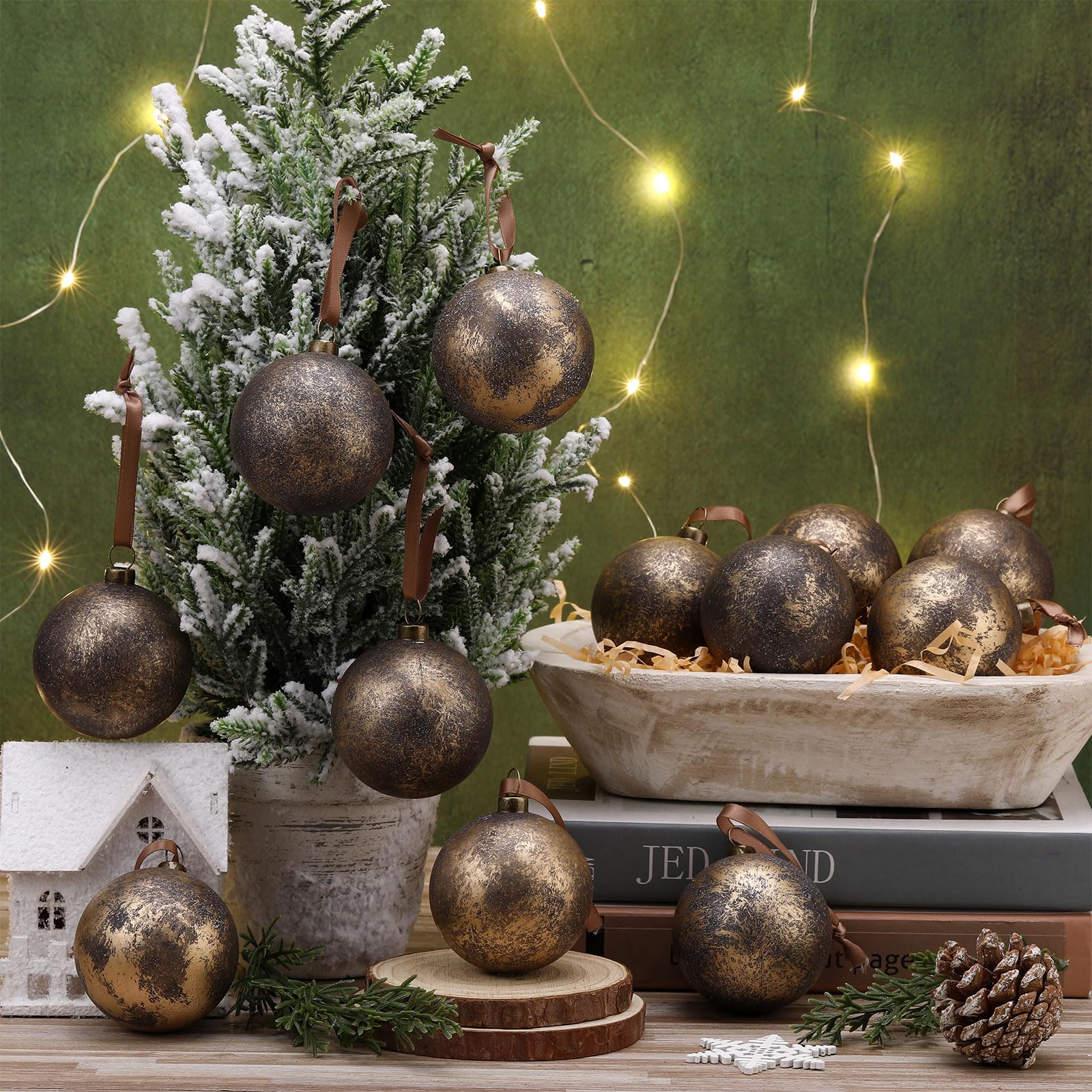 VioraWhite 12 Pcs 3.15 Inch Christmas Vintage Rusty Textured Balls Ornaments Neutral Earth Tone Copper Rustic Plastic Shatterpro