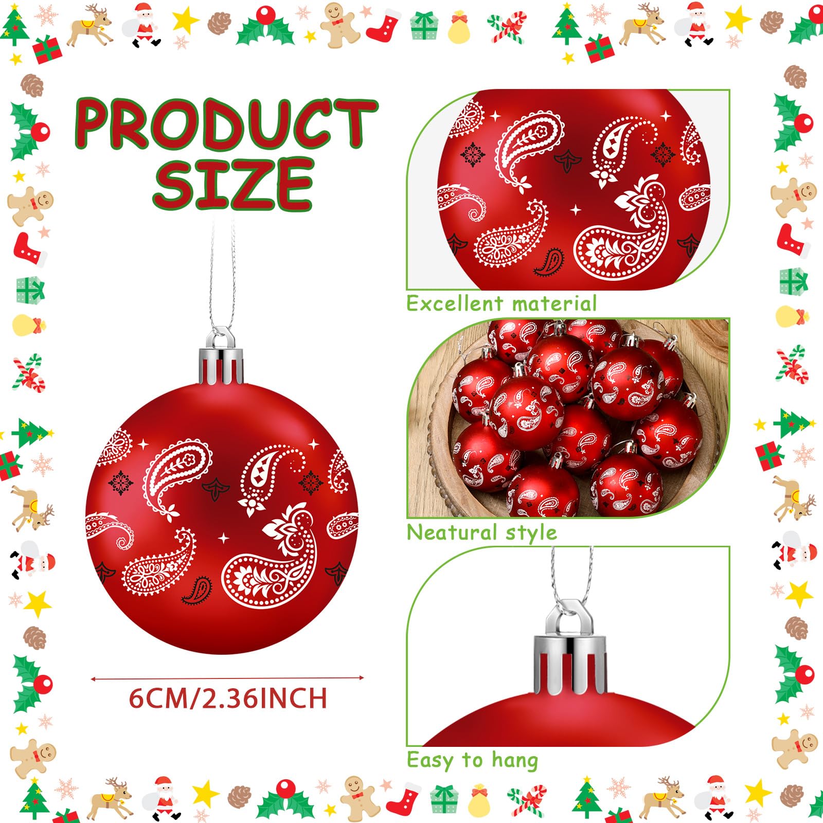 Halloscume 24 Pcs Western Christmas Tree Ornament Paisley Cowboy Bandana Printed Christmas Ball Ornaments Country Western Party