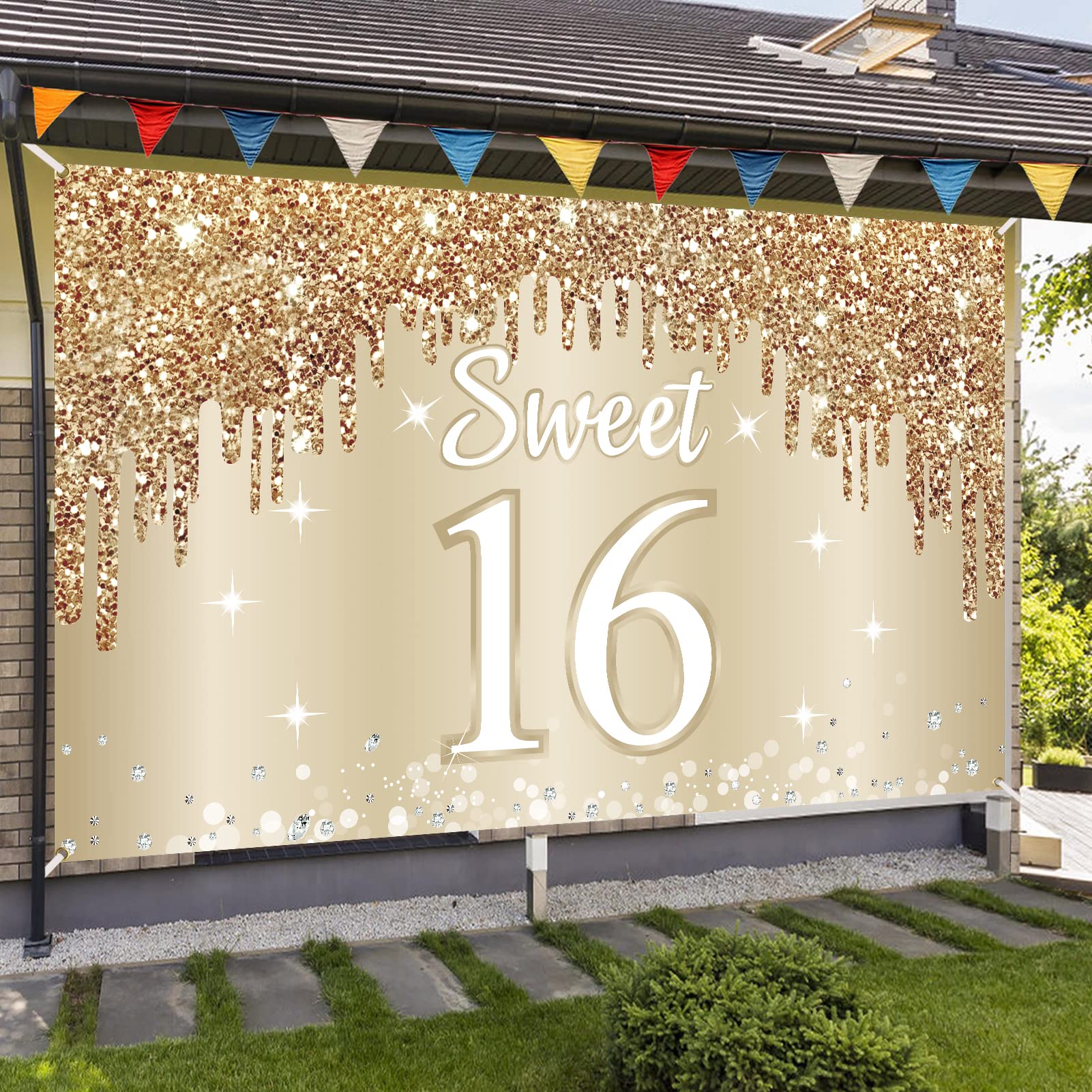 Happy Sweet 16Th Birthday Banner Backdrop Decorations For Girls, Gold White Sweet 16 Birthday Sign Party Supplies, Sixteen Year