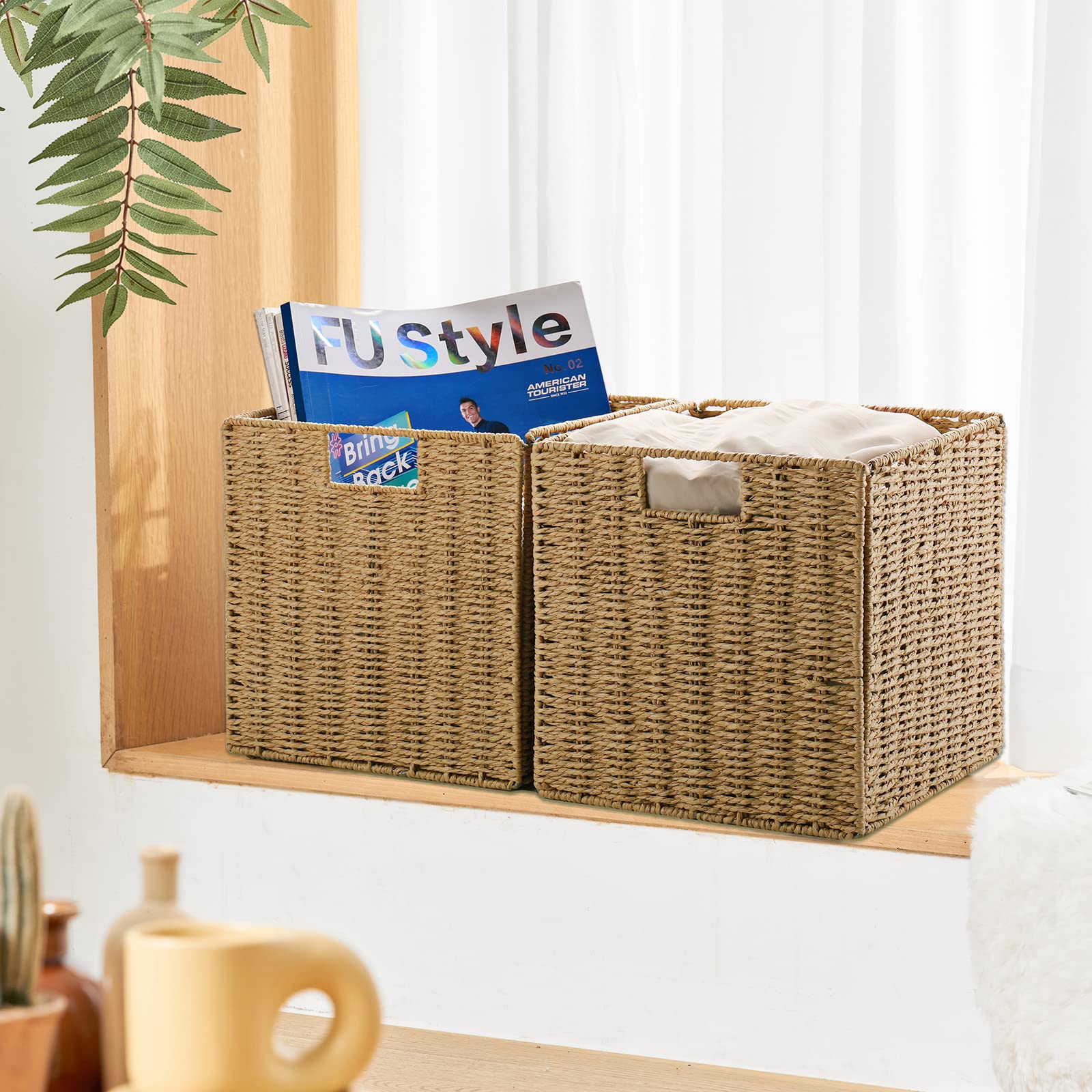 Vagusicc Wicker Storage Basket, Set Of 2 Hand-Woven Storage Baskets For Shelves With Handles Foldable Cube Storage Baskets Bins,