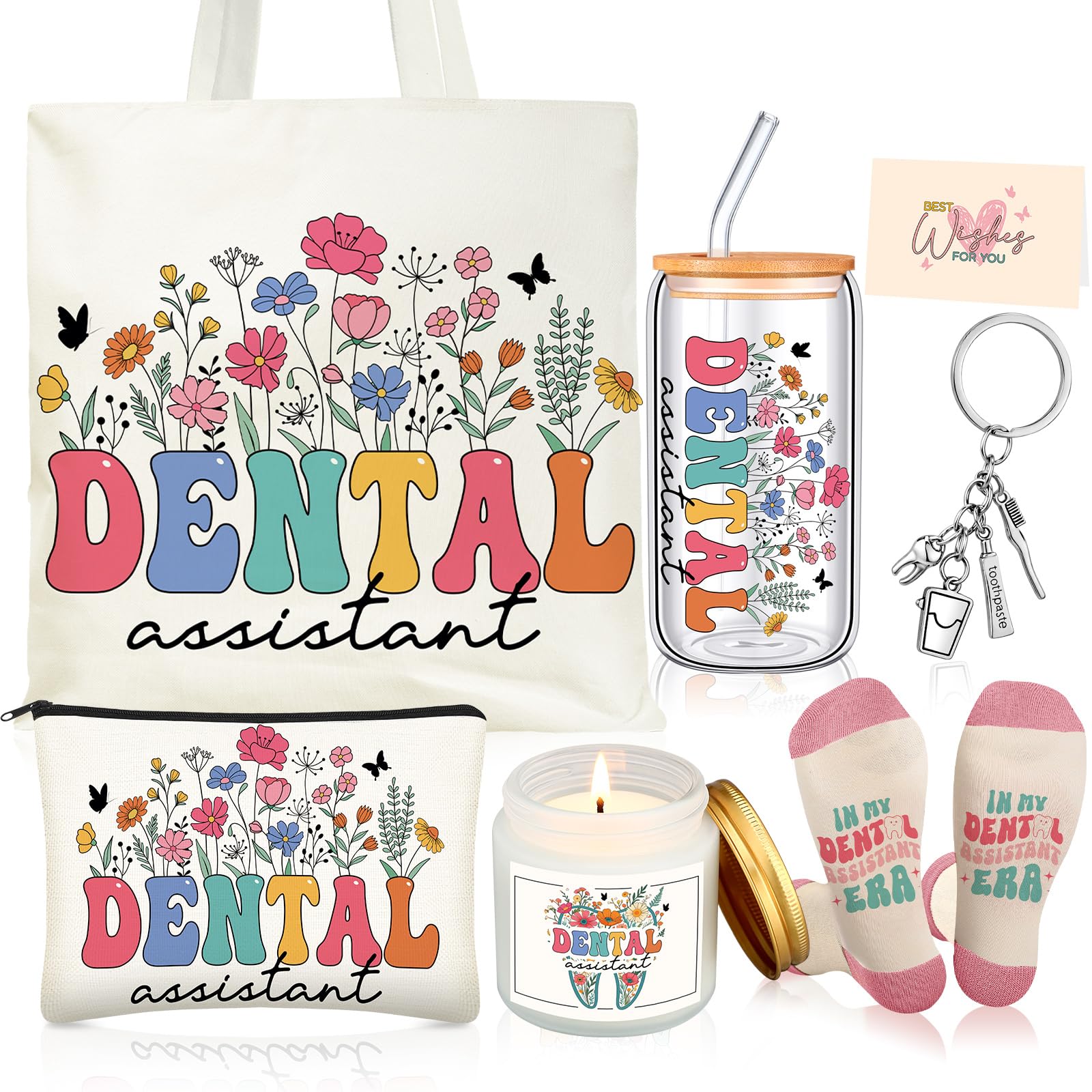 Funnymoom 6 Pcs Dental Assistant Gifts for Women Dental Hygienist Appreciation Gifts with17 oz Glass Cup Canvas Tote Makeup Bag 