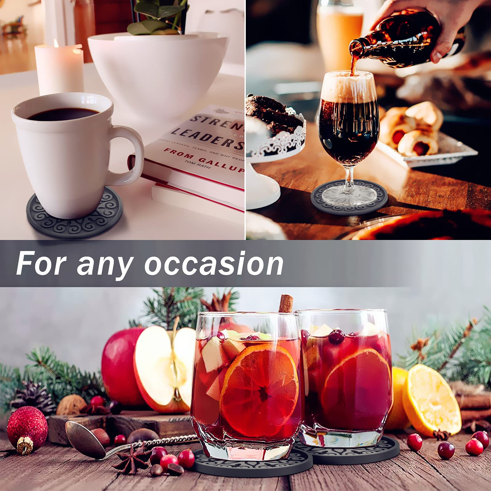 Qusum Coasters For Drinks,Resistant Reusable Silicone Coasters With Holder,Set Of 6 - Great Gift For Birthday, Housewarming, Roo