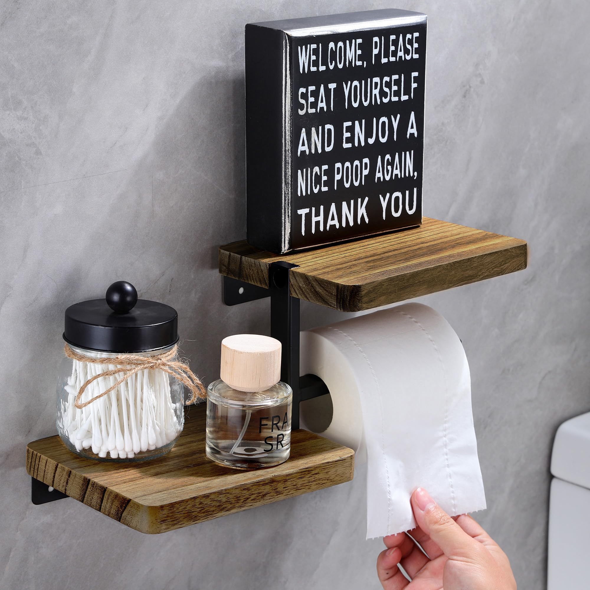 Double Toilet Paper Holder With Shelf, 2 Tier Wood Wall Mounted Adhesive Paper Roll Holder Suitable For Bathroom Accessories Dec