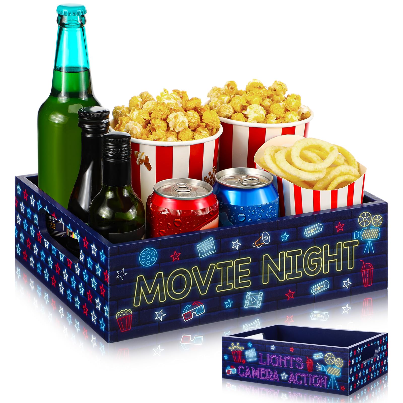 Movie Night Supplies Snack Trays with Handles Reusable Wooden Movie Gift Basket for Theater Popcorn Bucket Bowl Box Container Fa