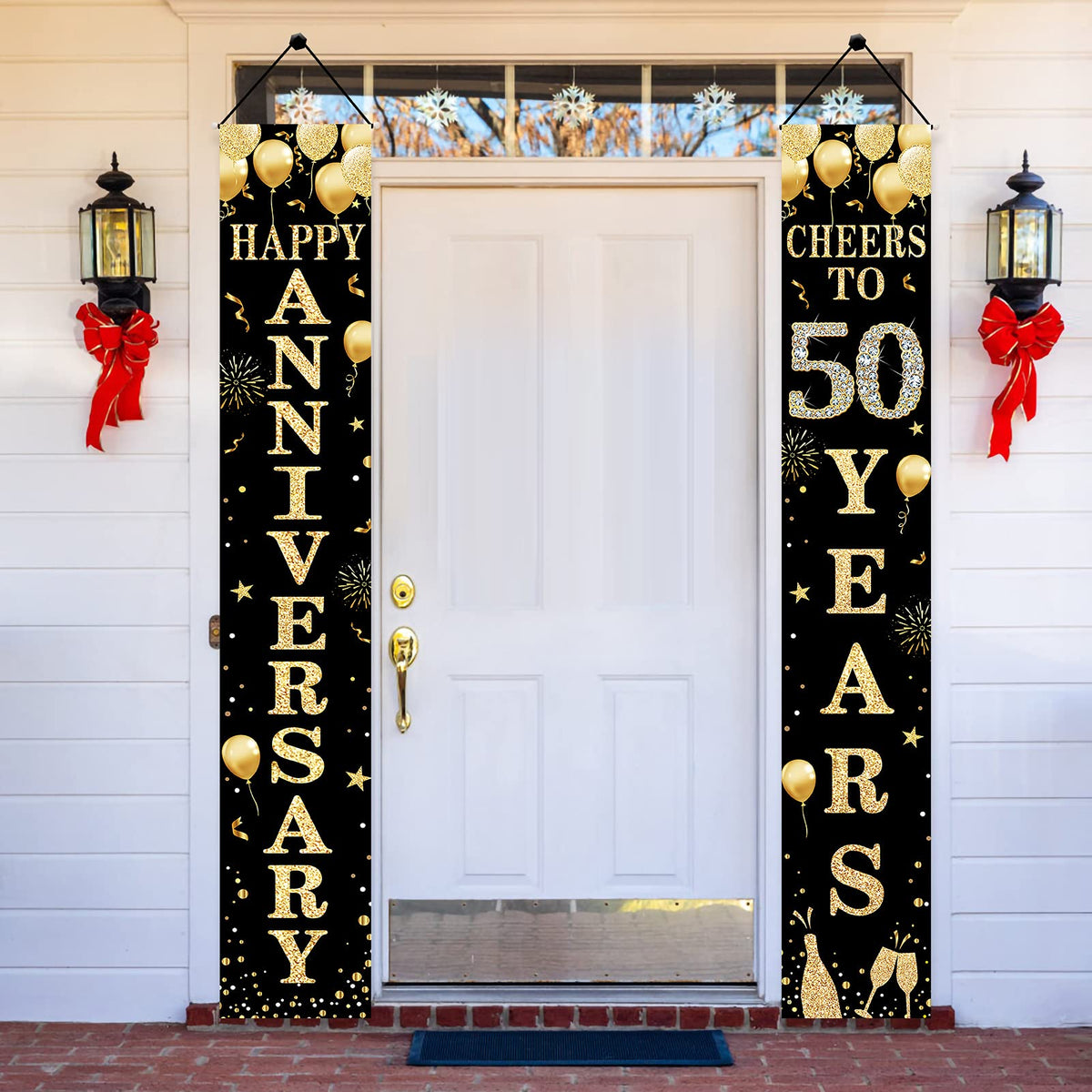 Happy 50Th Anniversary Door Banner Decorations, 50 Wedding Anniversary Cheers To 50 Years Party Supplies, Black Gold Fifty Anniv