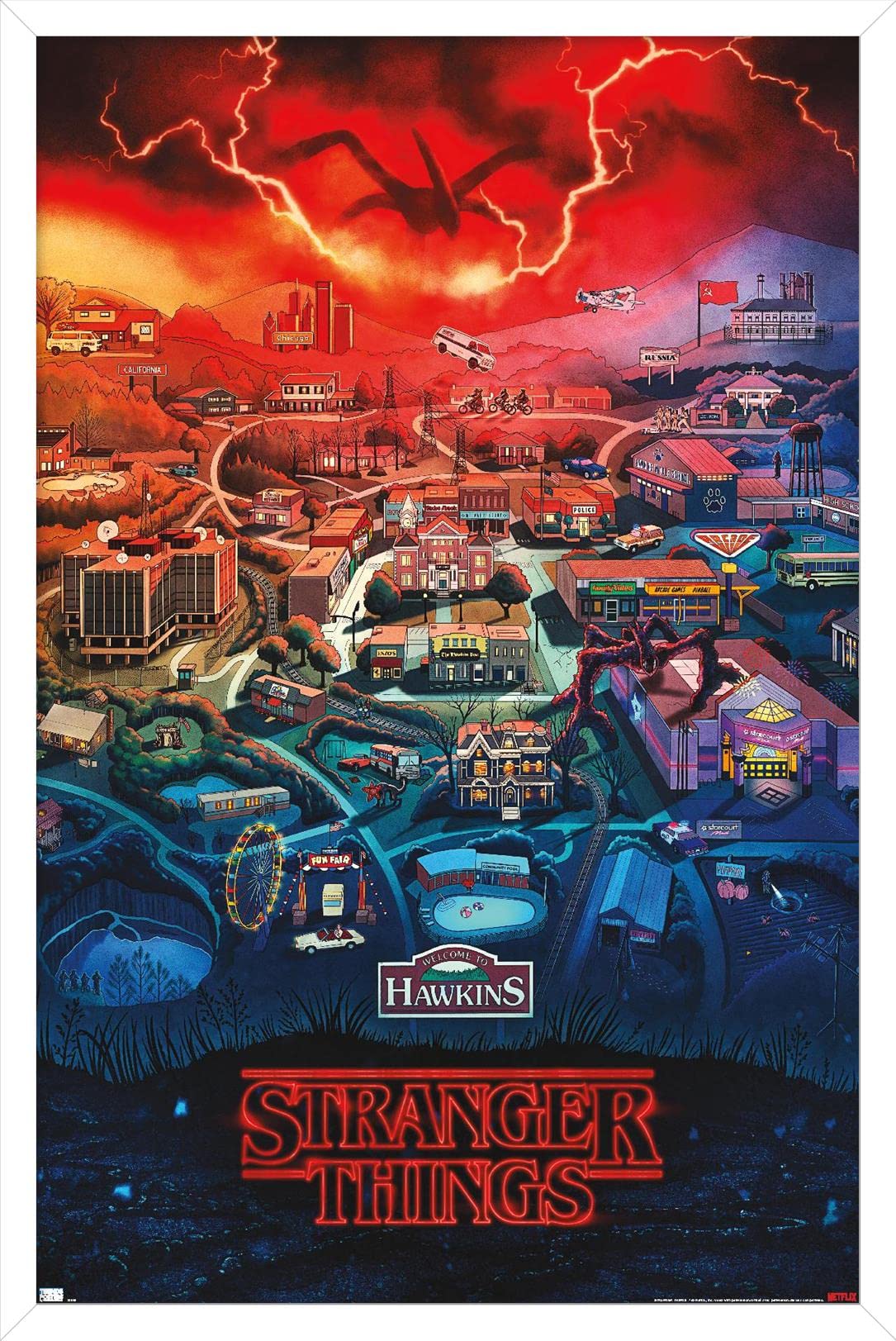 Trends International Netflix Stranger Things: Season 4 - Hawkins, Indiana Wall Poster, 14.725'' X 22.375'', White Framed Version