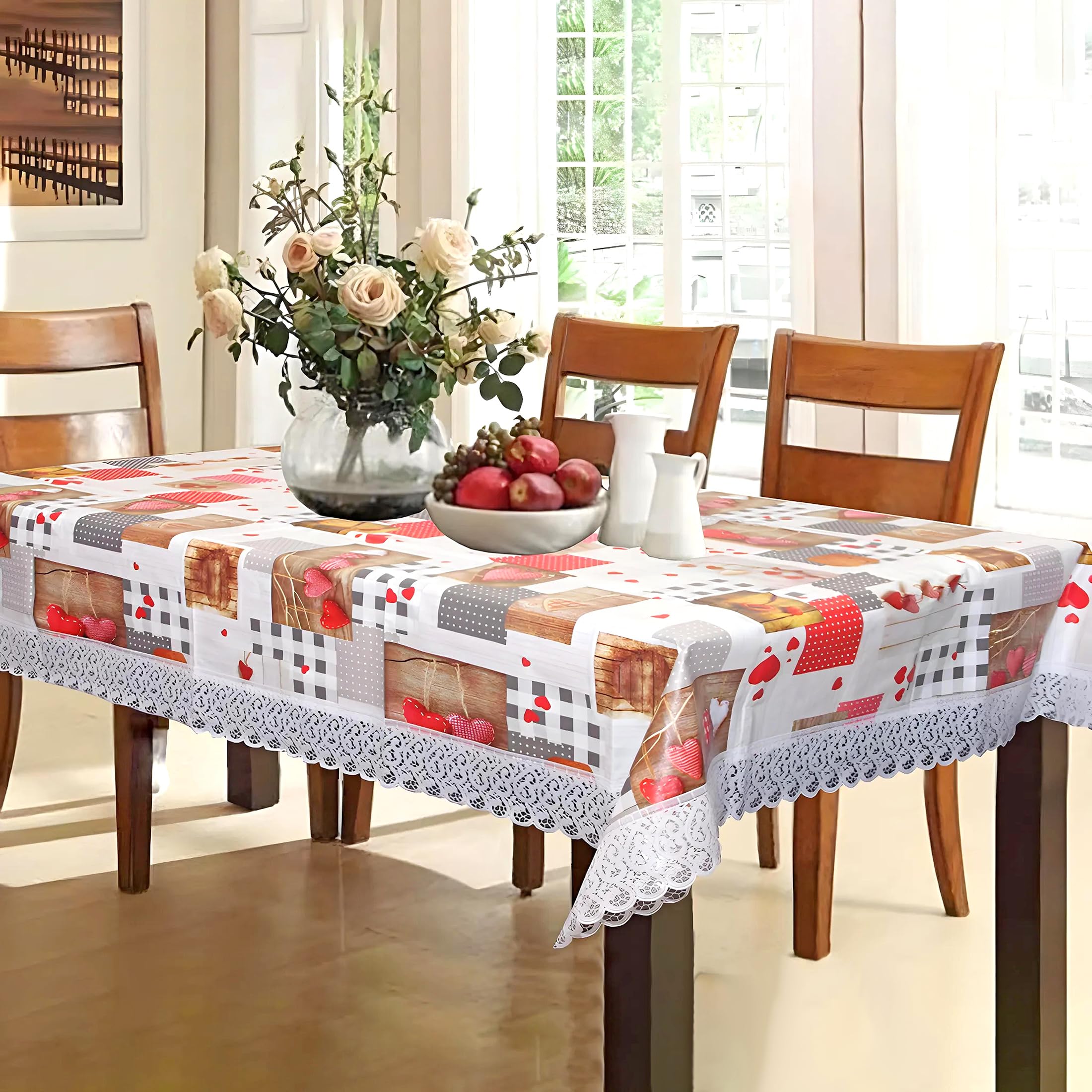 Kuber Industries Checkered Pvc 6 Seater Dining Table Cover - Cream