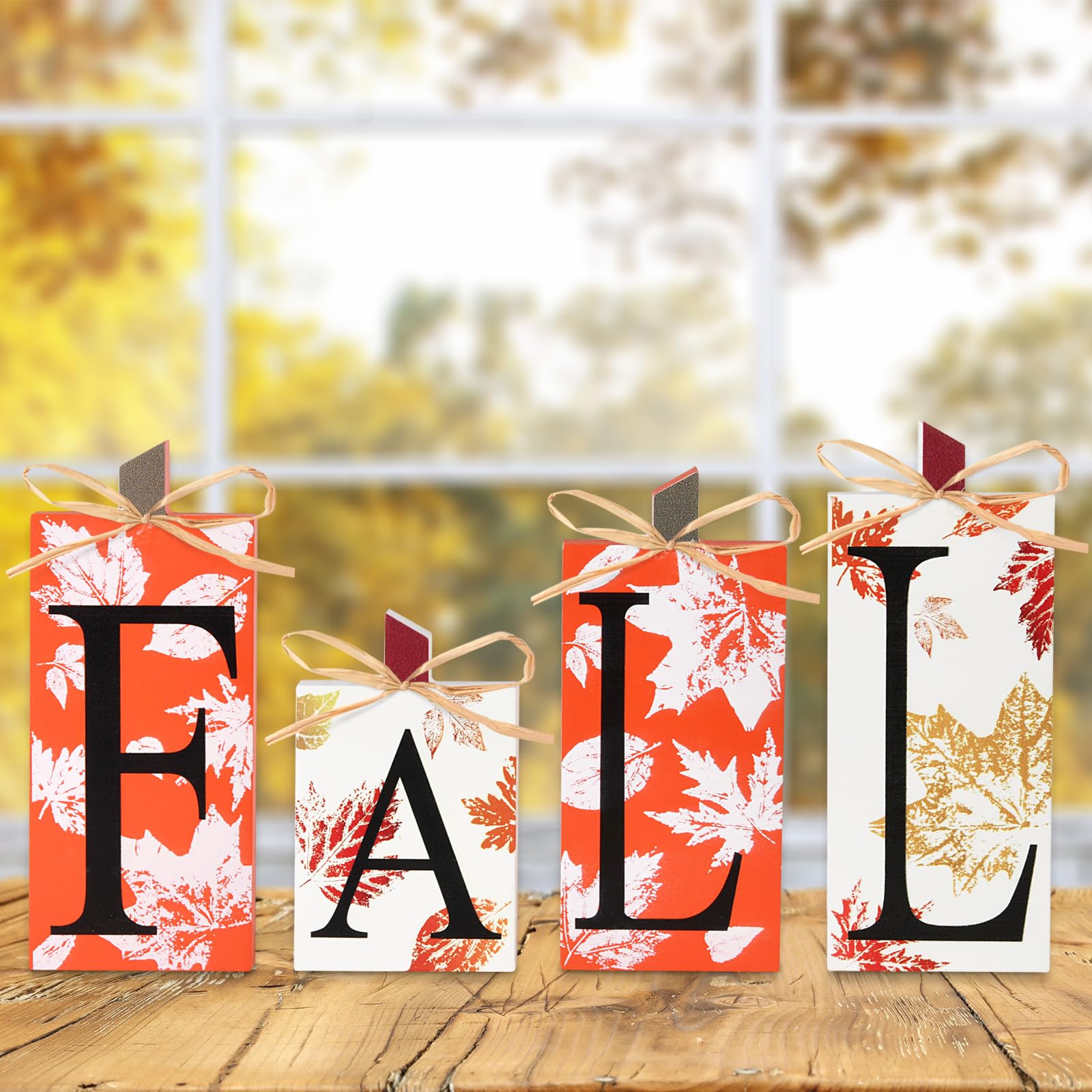 Fall Decorations for Home - 4 PCS Wood Fall Lettered Pumpkin Sign Block Set Autumn Centerpieces Decor for Tables Tabletop Desk T