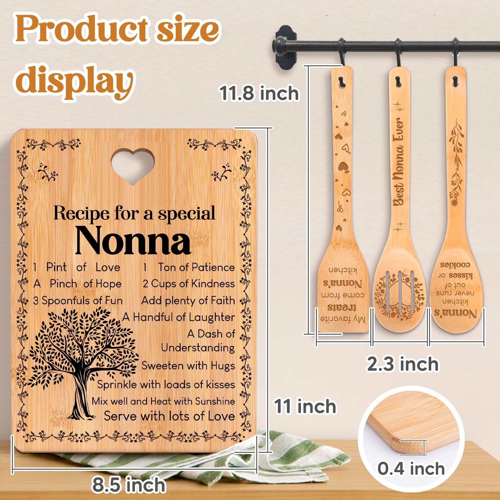 Nonna Gifts -  Recipe for a Special Nonna  Gifts for Nonna Cutting Board Set, Bamboo-Made Engraved Utensil Set Nonna Gifts for G