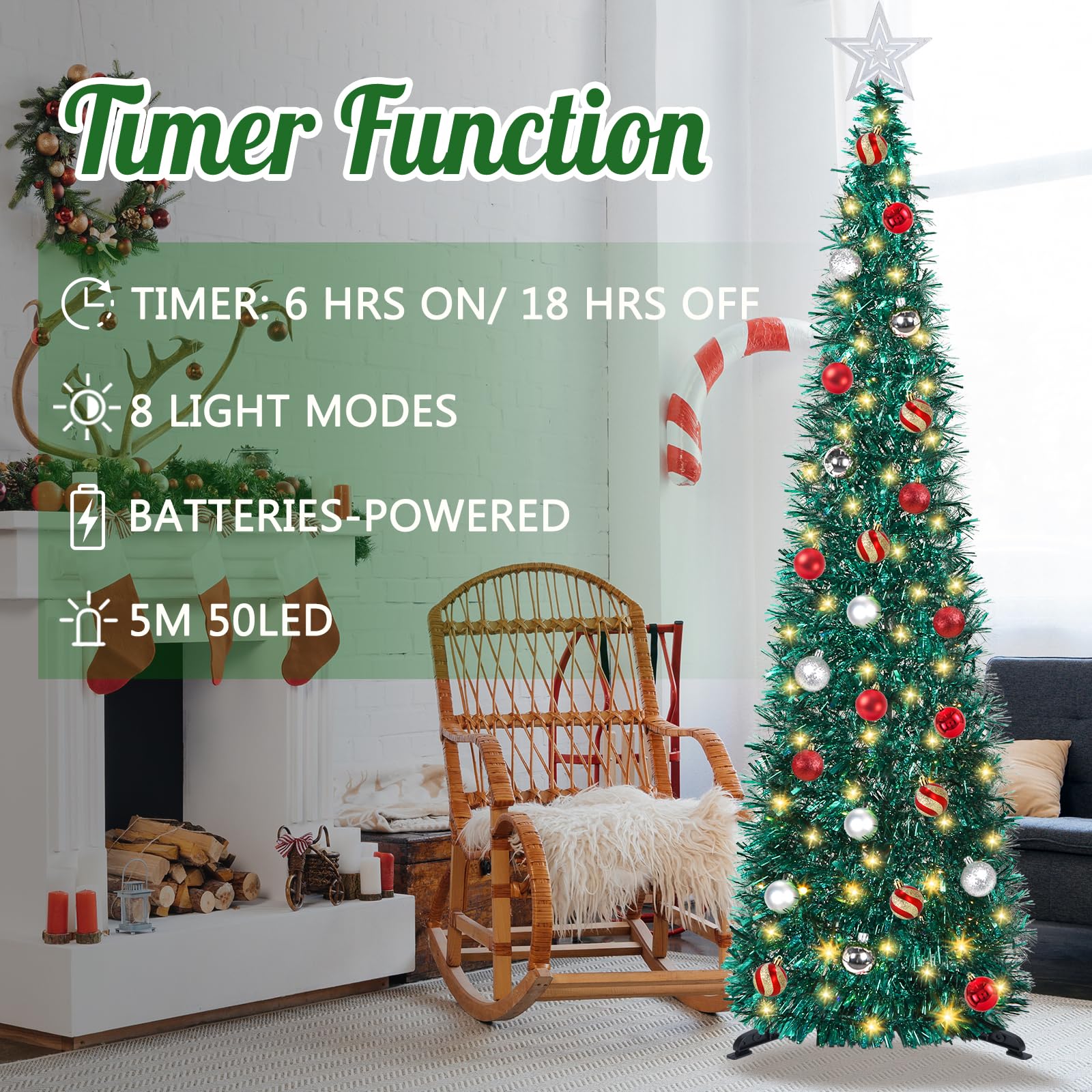 SINTENILL 5 FT Pop Up Christmas Tree with Timer Lights and Decorations, Green Tinsel Artificial Christmas Tree with 24 Balls Orn
