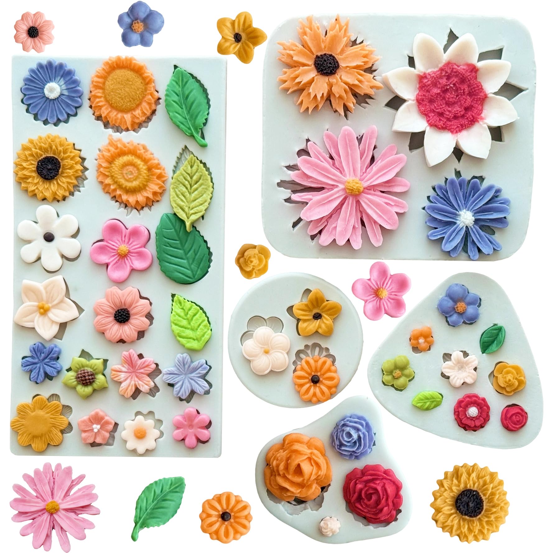 5Pcs Flower Silicone Molds Small Flower Chocolate Mold Daisy Rose Flowers Fondant Molds for Cake Cupcake Decorating Sunflower Le