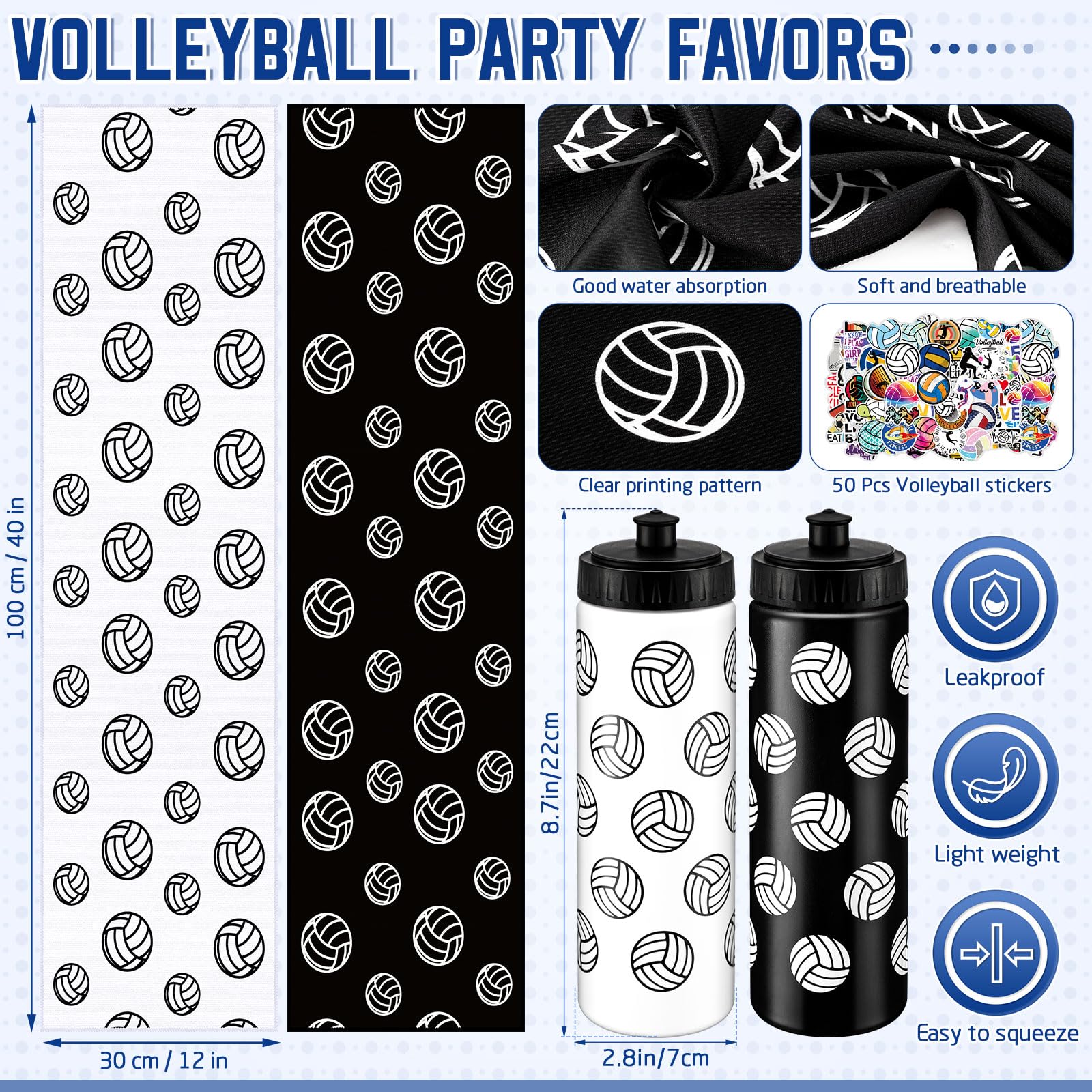 FuWeave 24 Pcs Volleyball Water Bottle Volleyball Cooling Towel Set with 50 Sticker Sports Party Favors Include 6 Reusable Sport