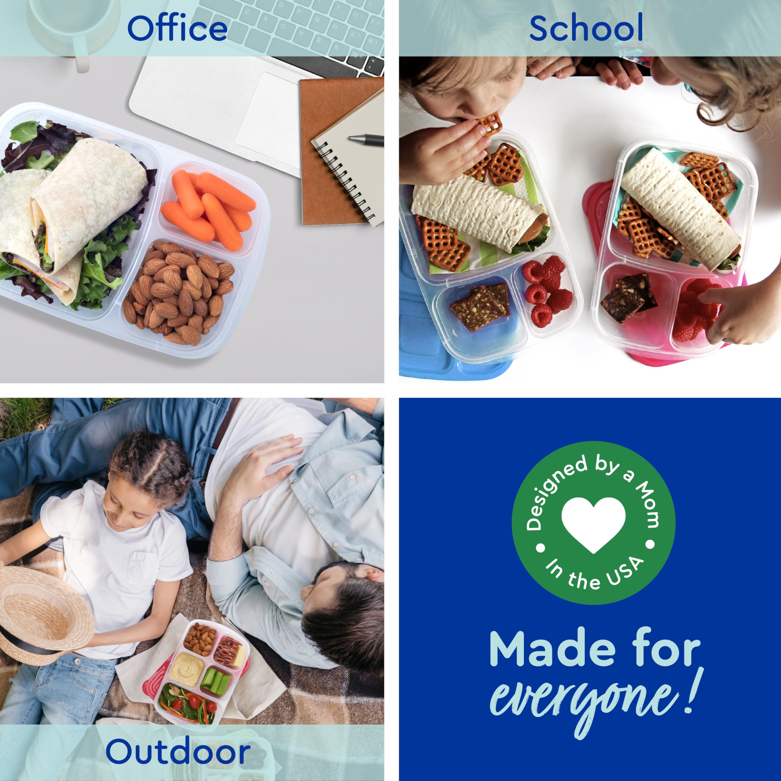 Easylunchboxes - Bento Lunch Boxes - Reusable 3-Compartment Food Containers For School, Work, And Travel, Set Of 4 (Brights)