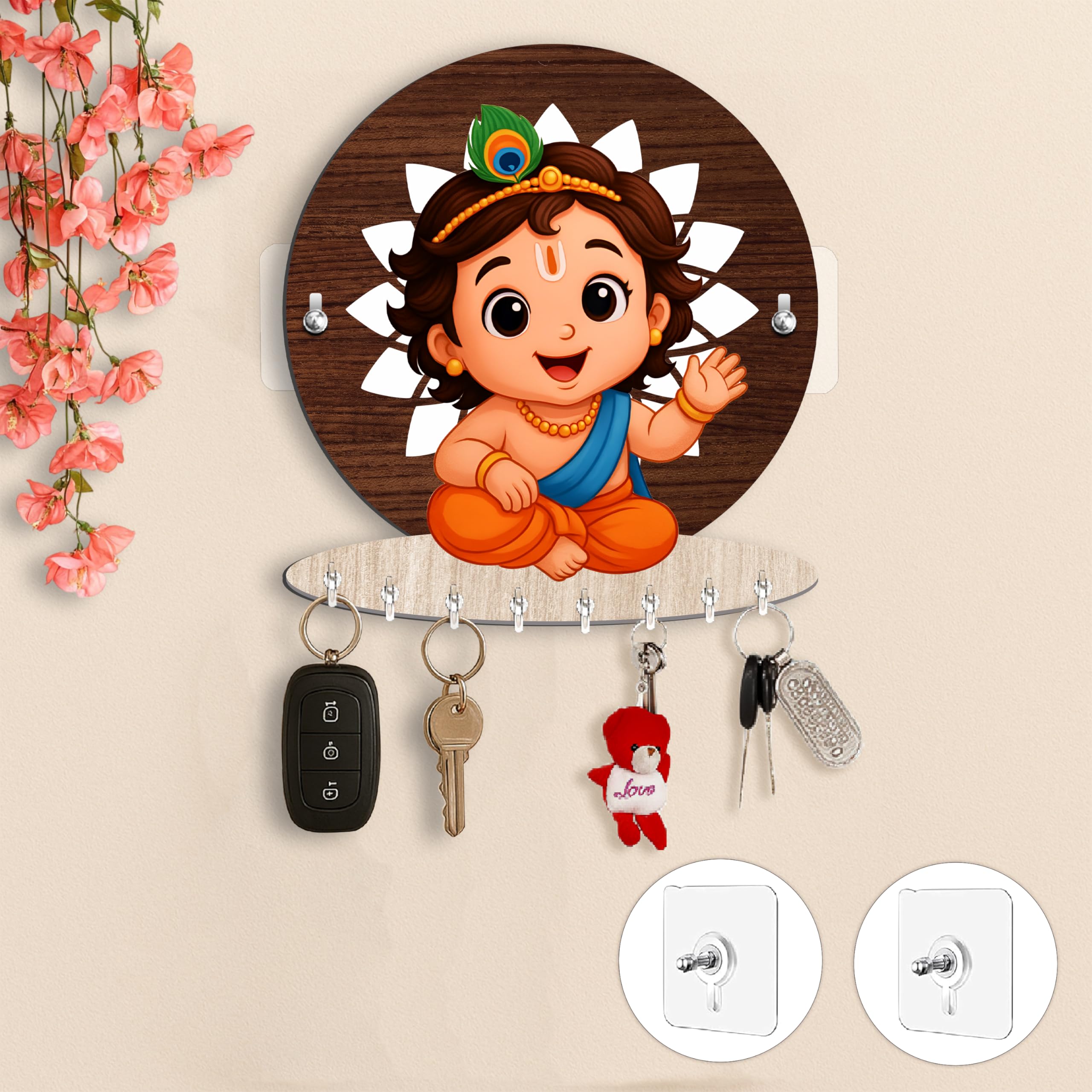 Rousrie Baby Krishna Wooden Key Holder for Home Without Drill, Brown, 8 Hooks, Modern Style, NoDrill Wall Mount Design for Home