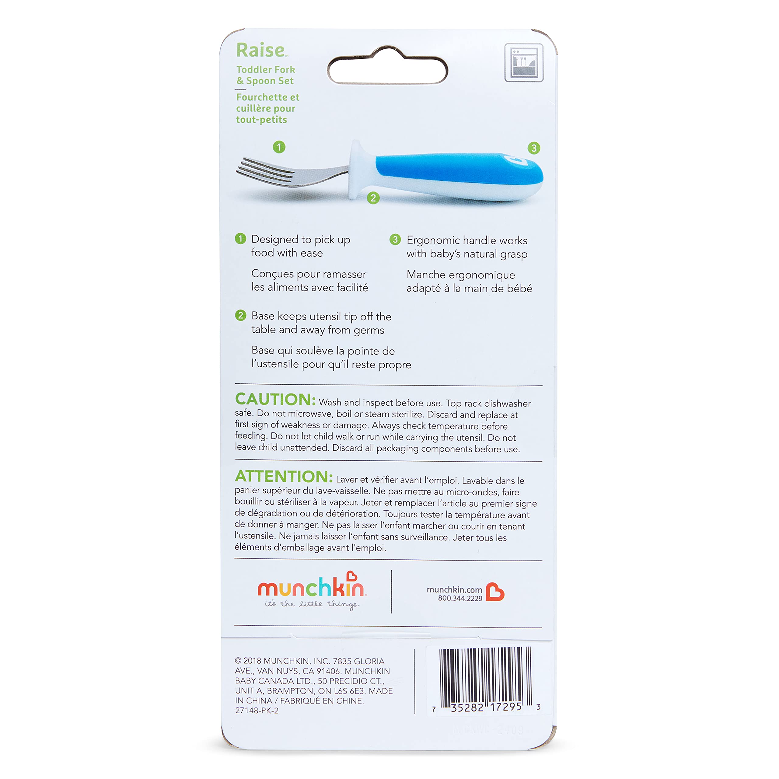 Munchkin Raise Toddler Plastic Fork and Spoon Utensil Set, 4 Pack, Blue/Green