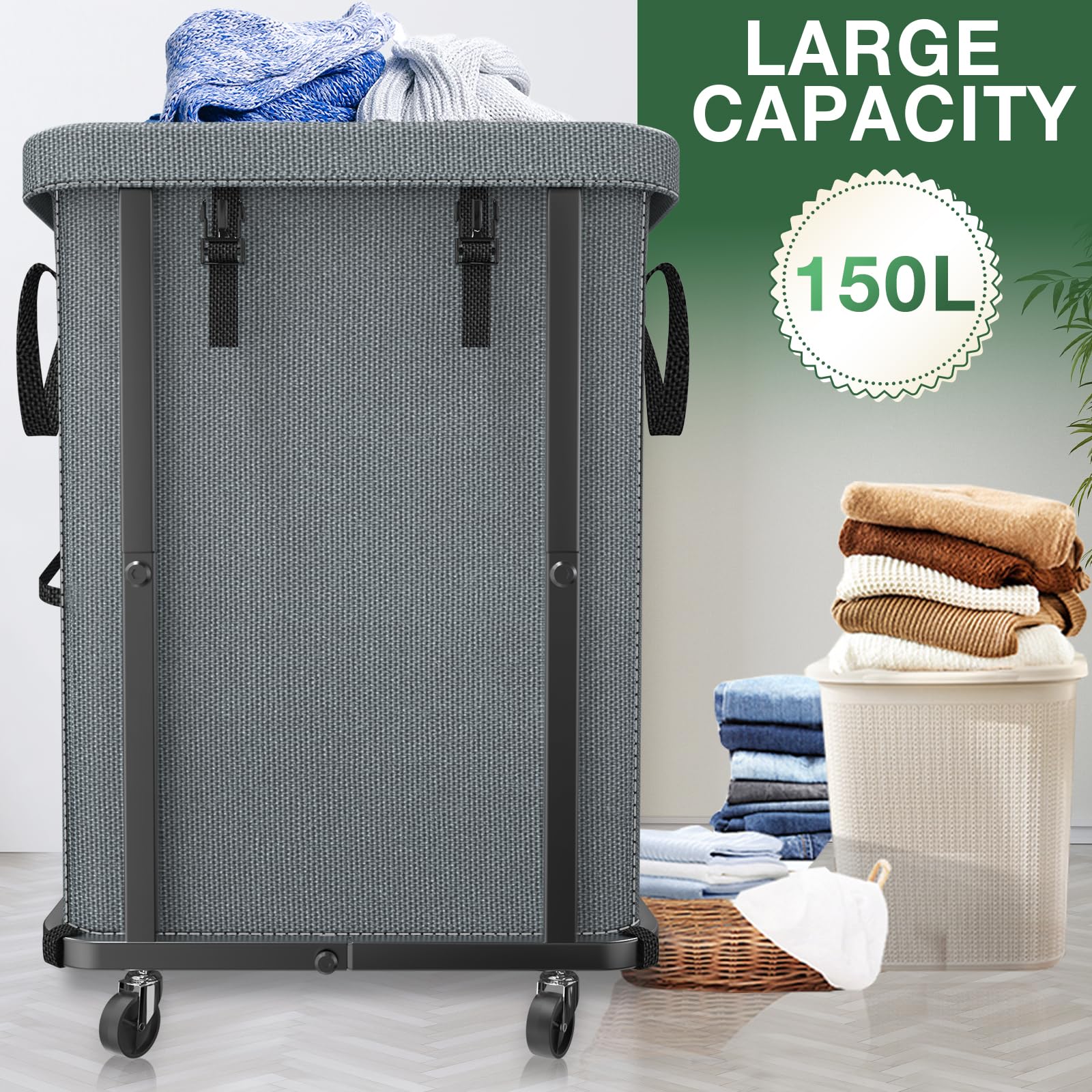 40 Gal(150L) High Grade Large Laundry Basket With Wheels, Rolling Laundry Hamper, Laundry Cart With Metal Frame And Removable Ba
