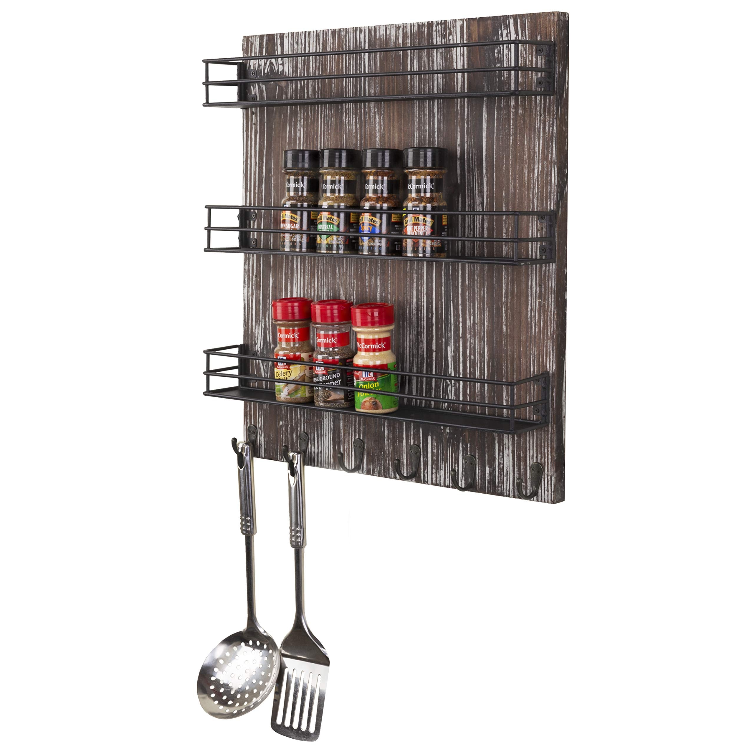 MyGift 3 Tier Black Metal Wire Kitchen Spice Rack Organizer with Torched Wood Wall Mount and 6 Hooks, Seasoning Jars and Hanging
