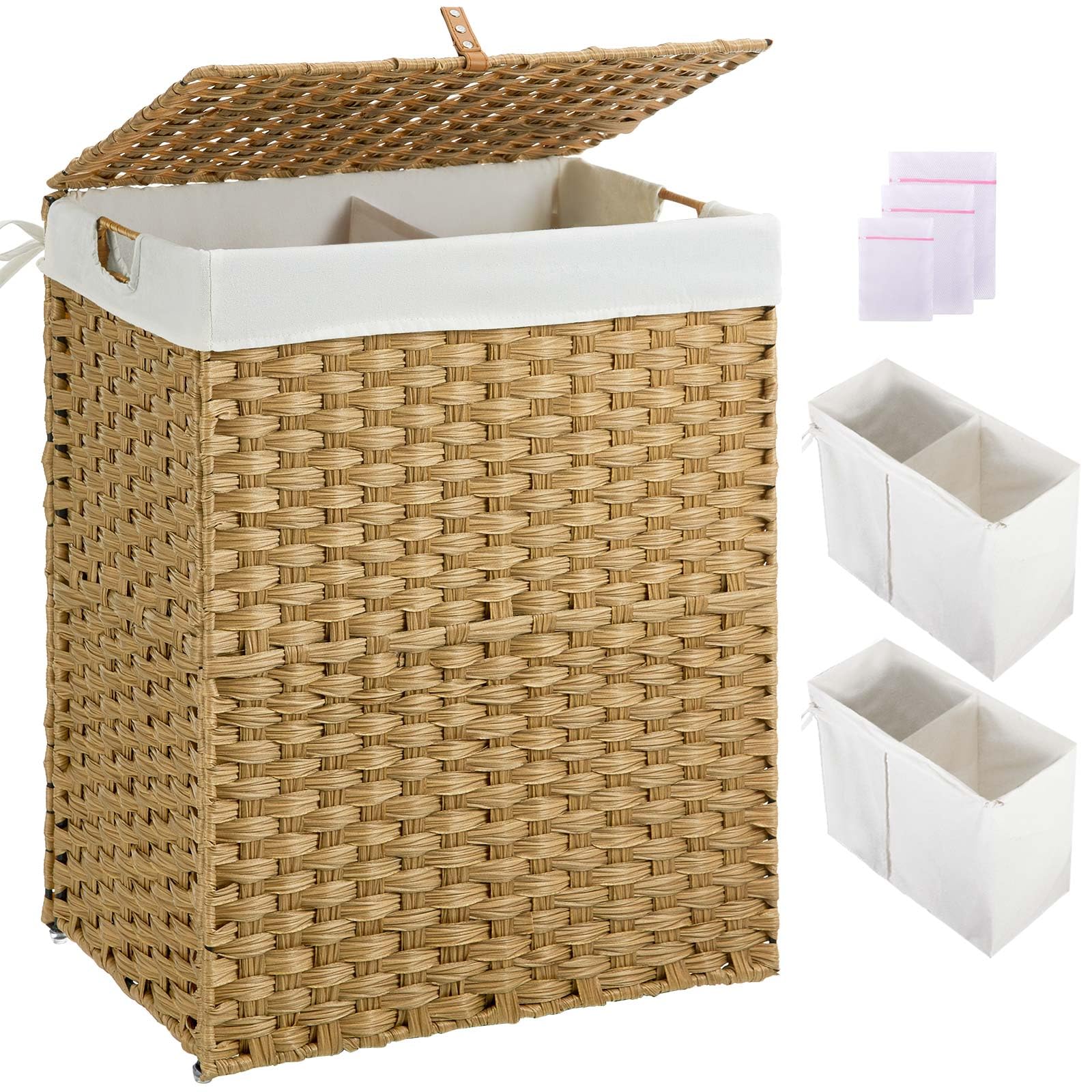 Greenstell Laundry Hamper No Install Needed  Divided Clothes Hamper with 2 Removable Liner Bags  90L Handwoven Synthetic Rattan Laundry Basket with Lid and Handles  Foldable Natural
