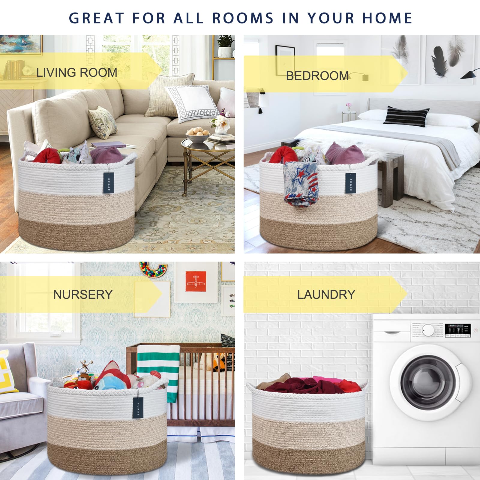 COMSE Extra Large Blanket Basket  Storage Basket  Laundry Basket  21.7?x 13.8?  Laundry Hamper  Cotton Rope Basket  Blanket Basket Living Room  Toy Basket (White & Gradient Brown)