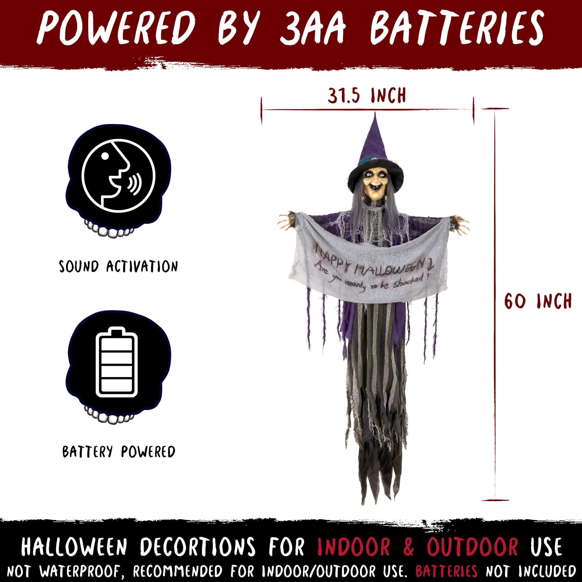 Halloween Animatronics 5ft Hanging Witch, 60inch Floating Animated Witch Decorations with Banner, Sound Activated, Creepy Voice,