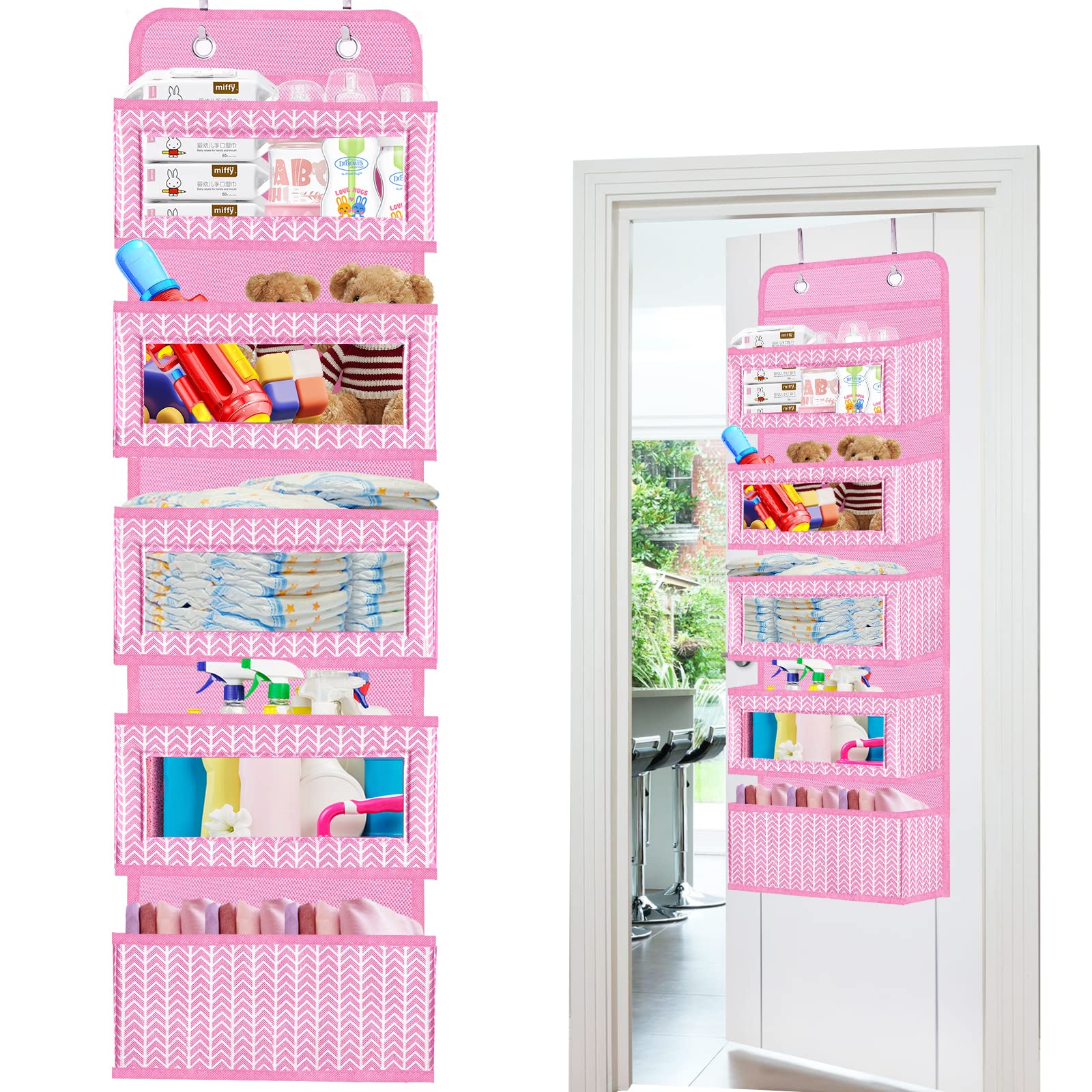 Veronly Over The Door Hanging Organizer With 5 Large Pockets - Wall Mount Pantry Storage With 2 Big Metal Hooks For Baby Girls D