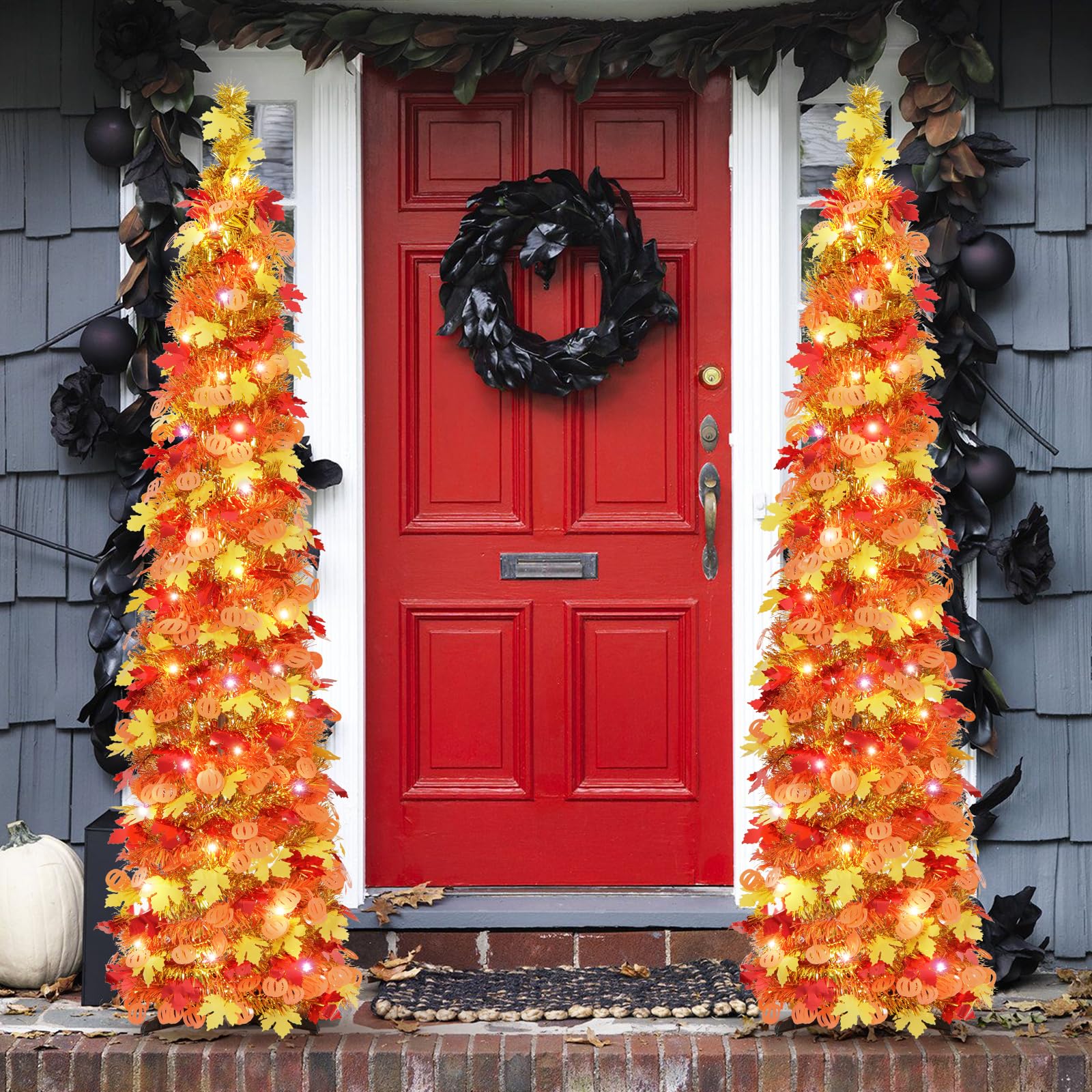 N&T NIETING Collapsible Pumpkin Decorations, Pop Up Fall Tree with Lights & Timer, Light Up Tree Home Decor, Tinsel Pencil Tree