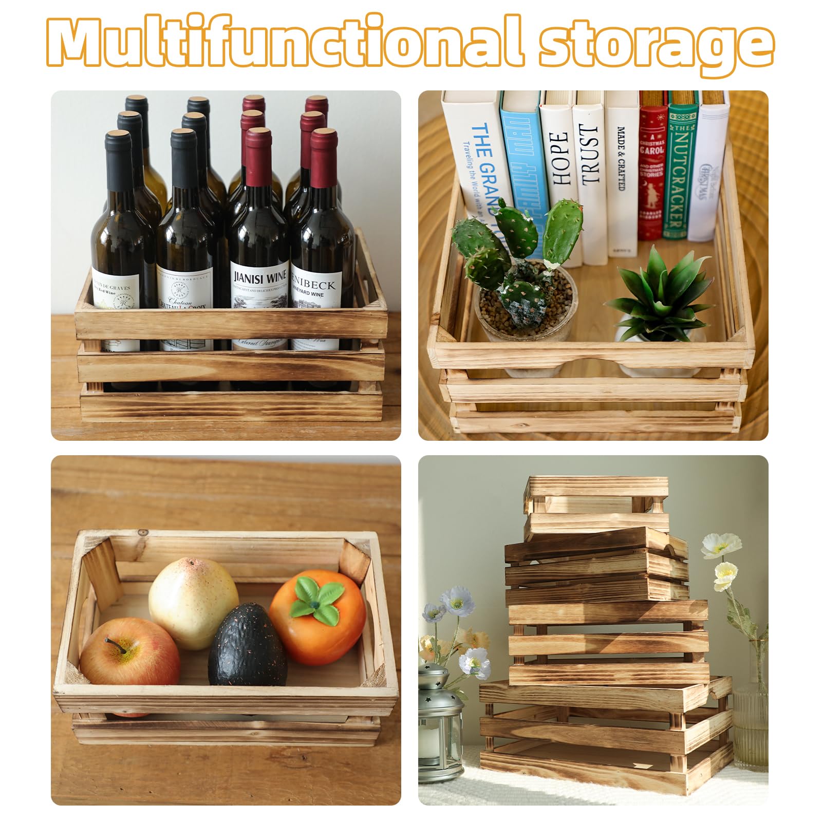 MACVAD Set of 4 Large Torched Wood Decorative Storage Crates, Nesting Wooden Crates for Display Rustic, Farmhouse Wooden Storage
