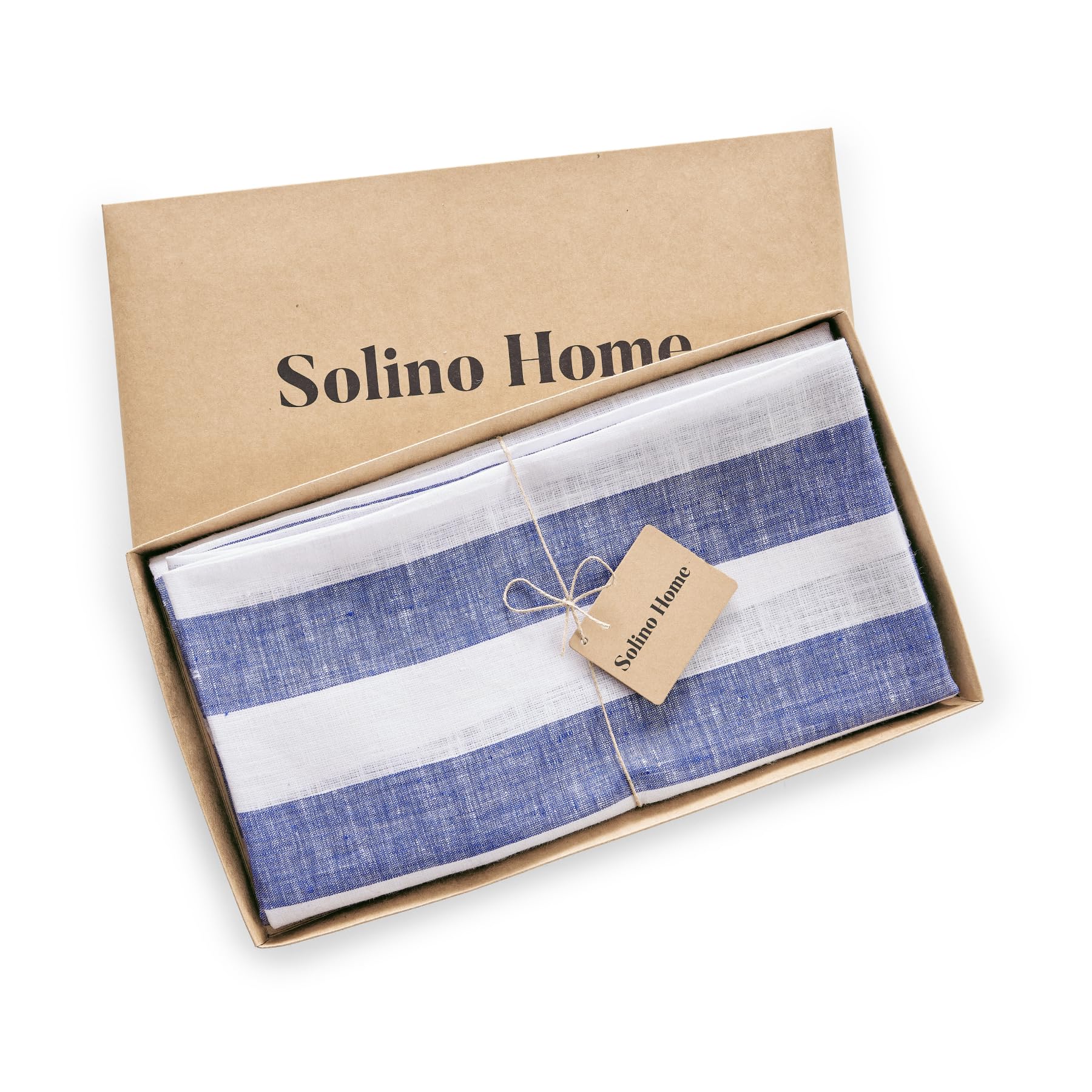 Solino Home Cabana Stripe Linen Round Tablecloth 60 Inch Diameter - 100% Pure Linen Navy And White Tablecloth For Spring, Easter