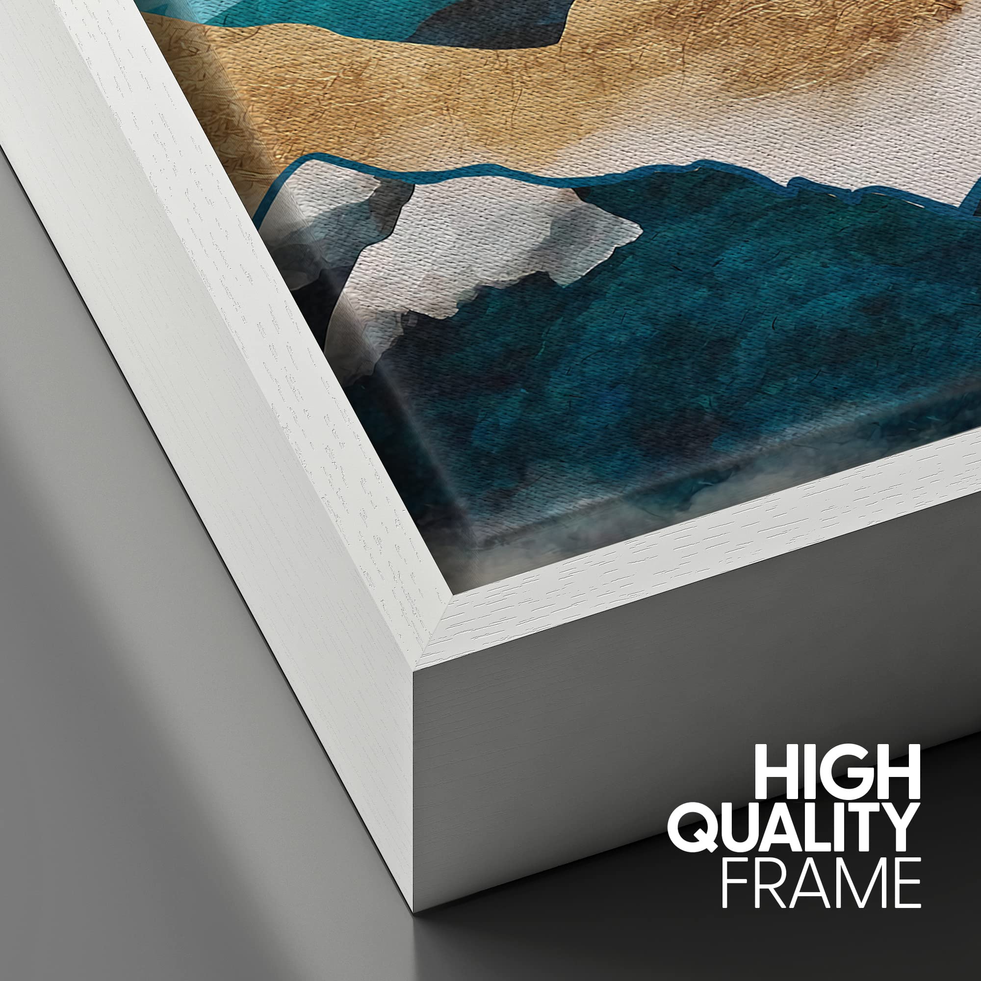 Signford Framed Canvas Print Wall Art Gold Teal Marble Sun Mountain Range Nature Wilderness Illustrations Modern Art Rustic Zen