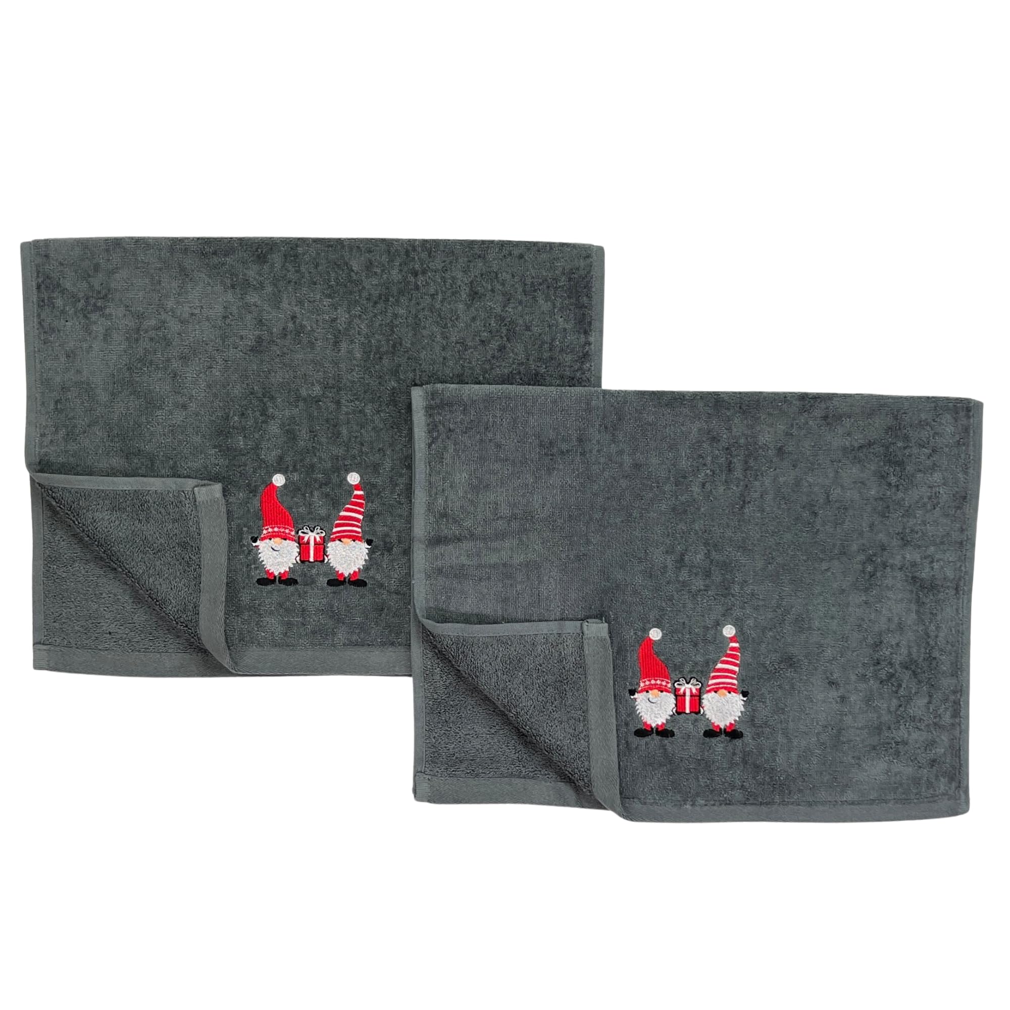 Christmas Gnomes Towel Set: Grey Hand Towels with Red White Embroidery Jolly Nordic Gnome