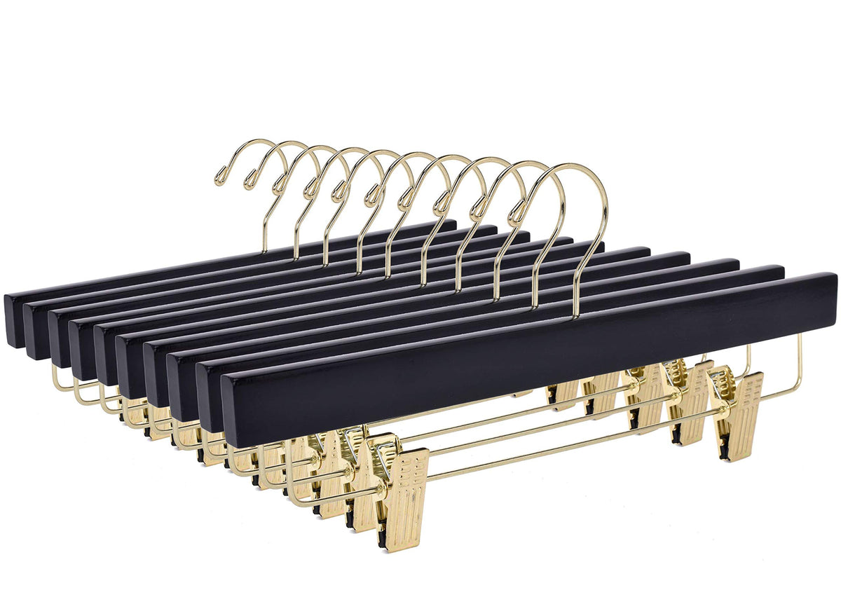 Quality Hangers Black Wooden Pants Hangers - 10-Pack Swivel Hook Cloth Hanger Set - Lotus Wood Skirt, Pant, Shorts And Slack Han