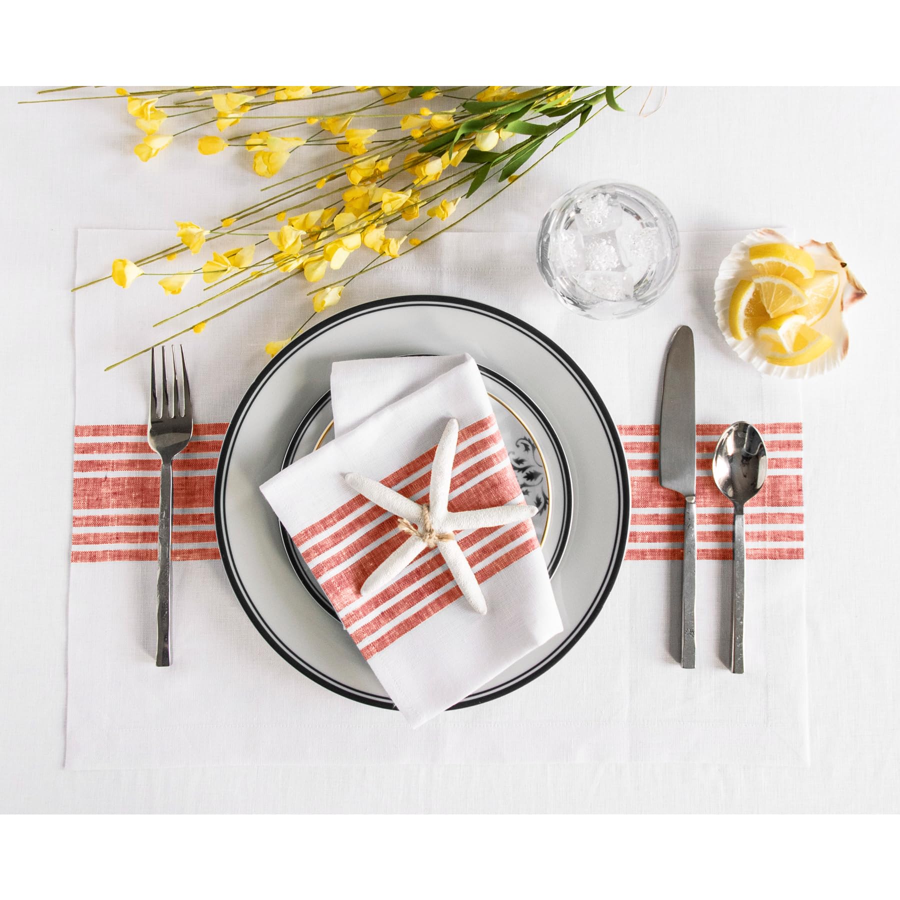 Solino Home Farmhouse Linen Placemats 19'' L X 14'' W Inch - 100% Pure Linen Stripe Red And White Cloth Placemats Set Of 4 - Was