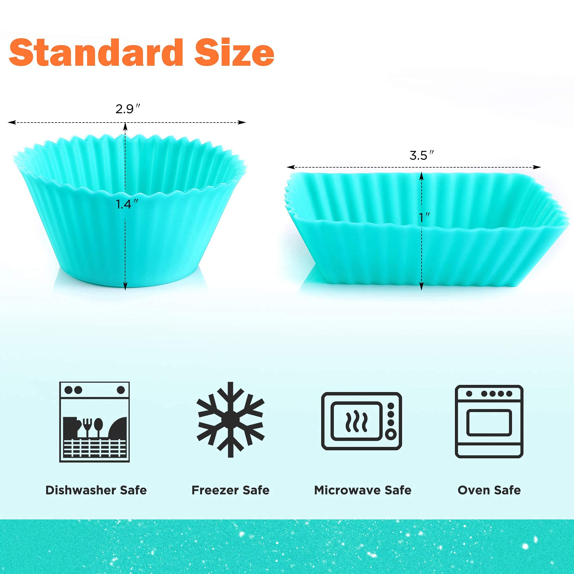 Ipow 24 Pack Silicone Cupcake Baking Cups Reusable Food-Grade Bpa Free Non-Stick Muffin Liners Molds Sets, 2 Shapes Round Rectan