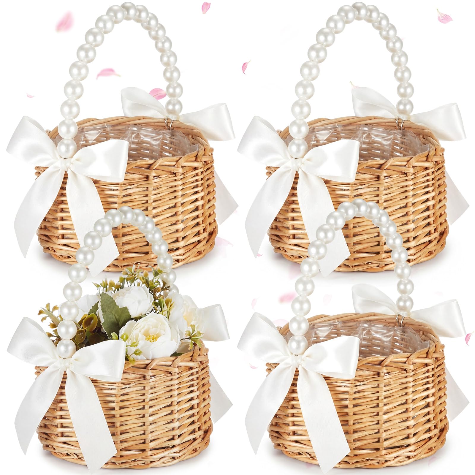 Thyle 4 Pcs Wicker Flower Girl Baskets Handled,White Bow,Pearls
