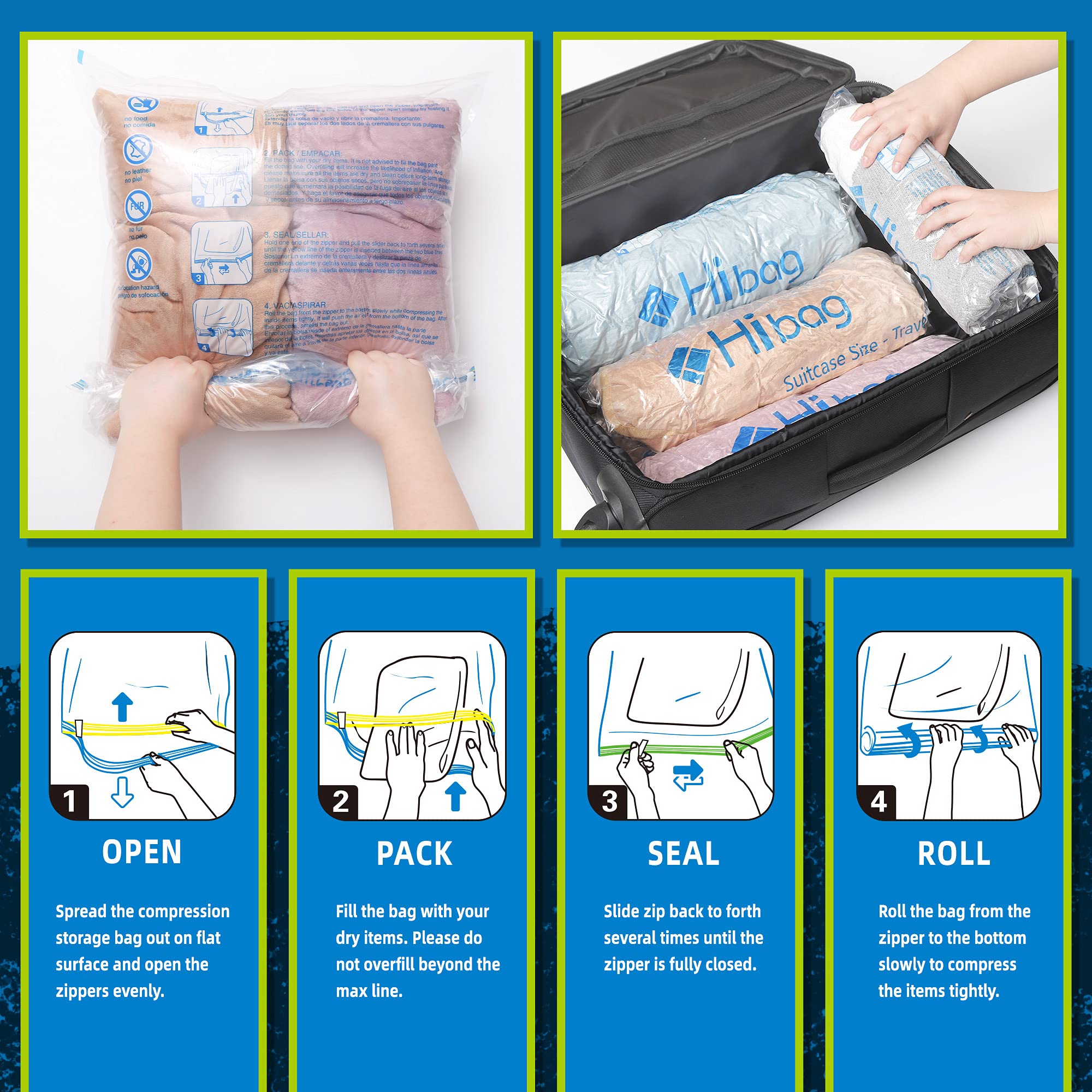 HIBAG Compression Bags for Travel, 12-Pack Space Saver Zipper Bags, Clear, Model 12-Travel, Vacuum Packing for Cruise Accessories