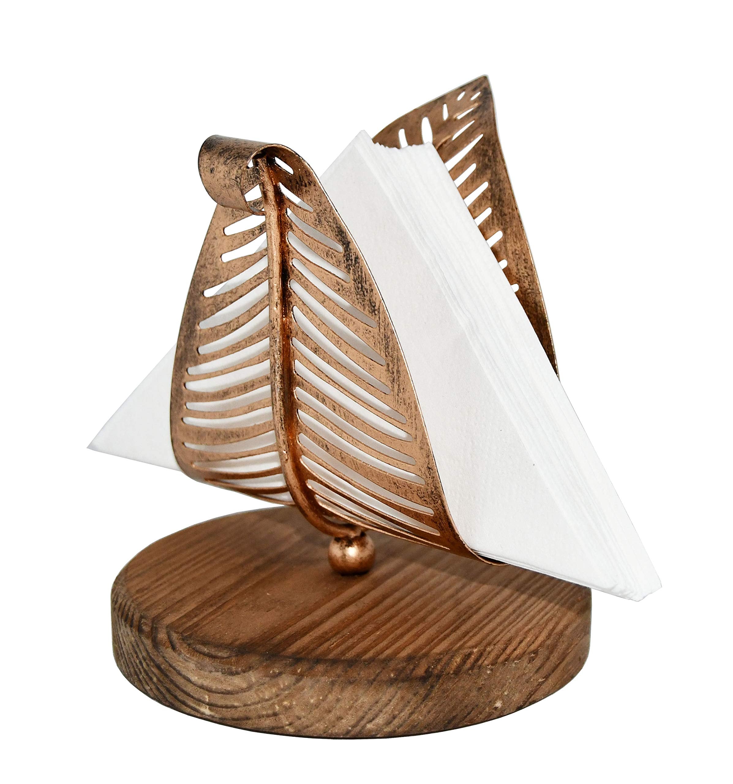 Owlgift Freestanding Modern Napkin Holder W/Bronze Metal Leaf & Brown Wooden Base Design, Tabletop Tissue Dispenser, Napkin Stor