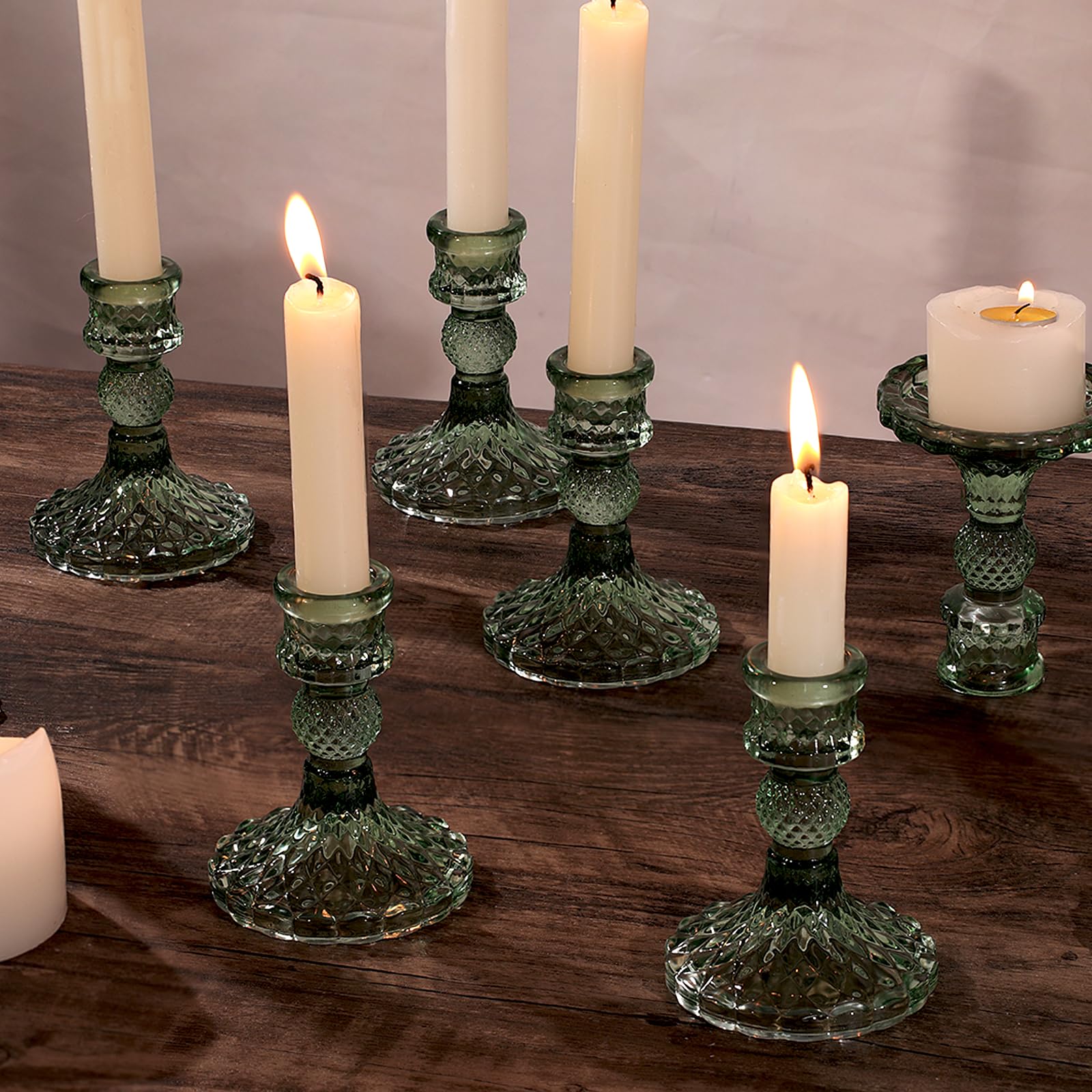 12Pcs Green Candlestick Holders Set- 4 H Taper Candle Holders Bulk, Glass Candle Holders for Wedding, Party, Romantic Dinner Tab