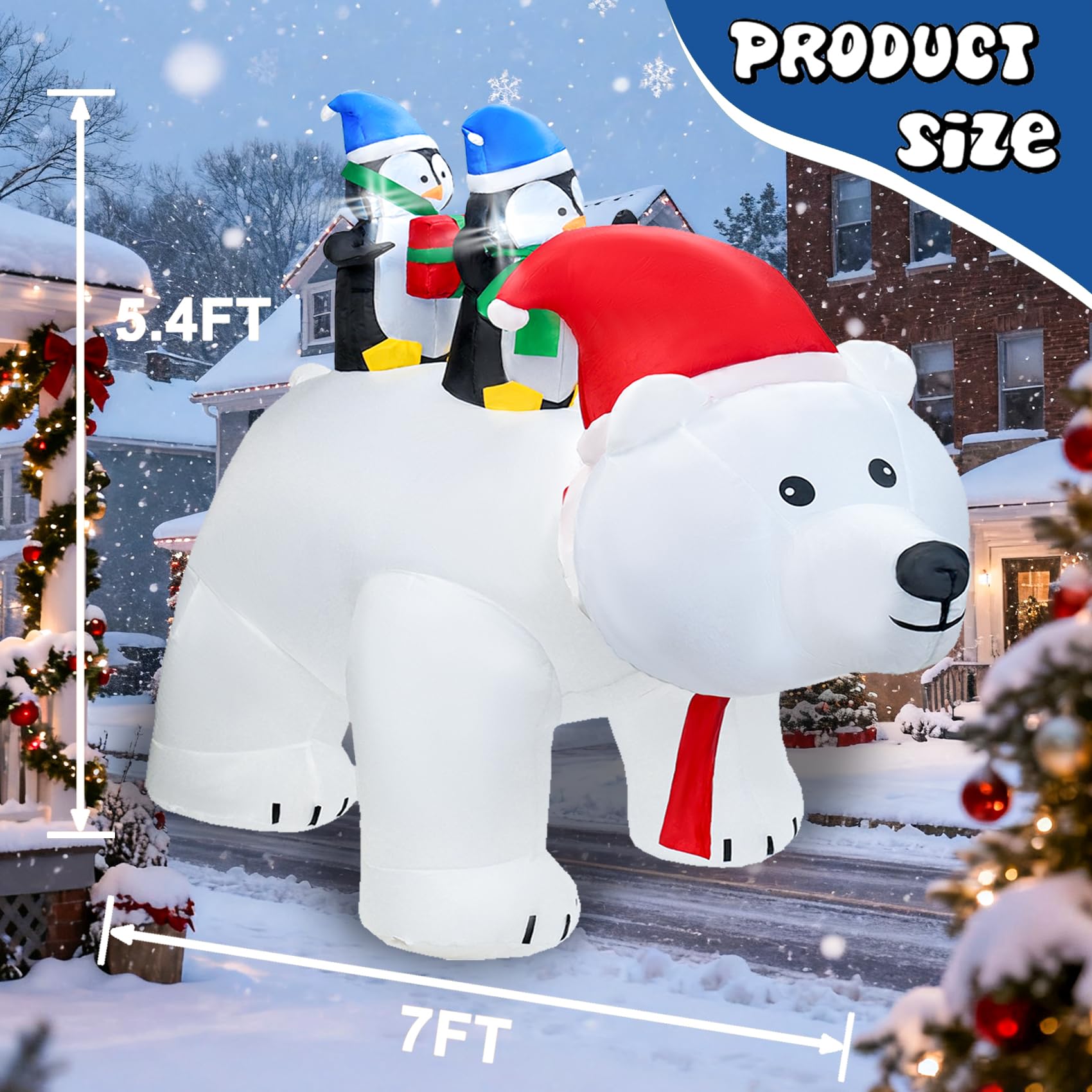 DearSun 7FT L Christmas Inflatable Penguins on Polar Bear with Shakable Head, Blow up Christmas Inflatable with Build-in LED Lig