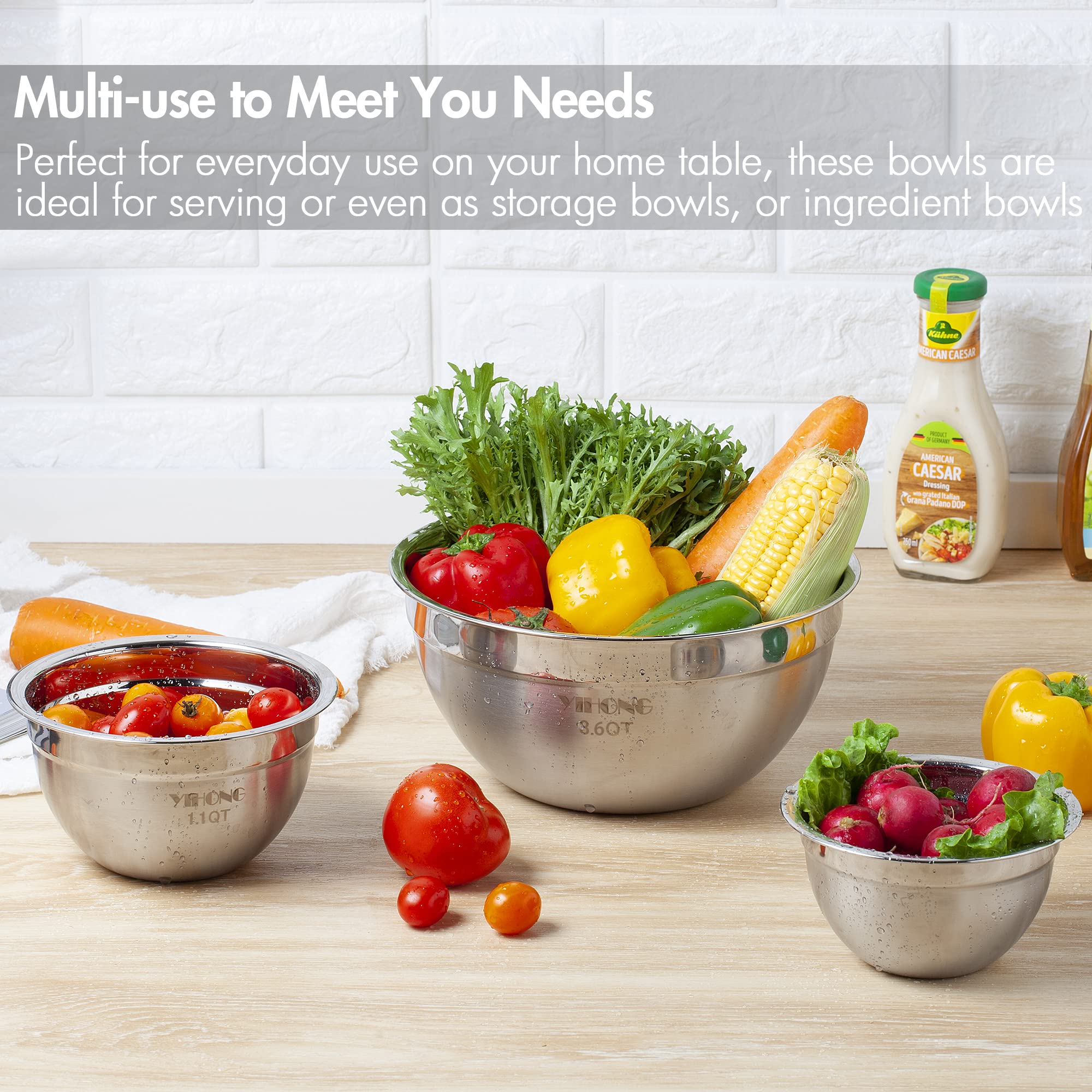 YIHONG 7 Piece Mixing Bowls with Lids for Kitchen  Stainless Steel Mixing Bowls Set Ideal for Baking  Prepping  Cooking and Serving Food  Nesting Metal Mixing Bowls for Space Saving Storage