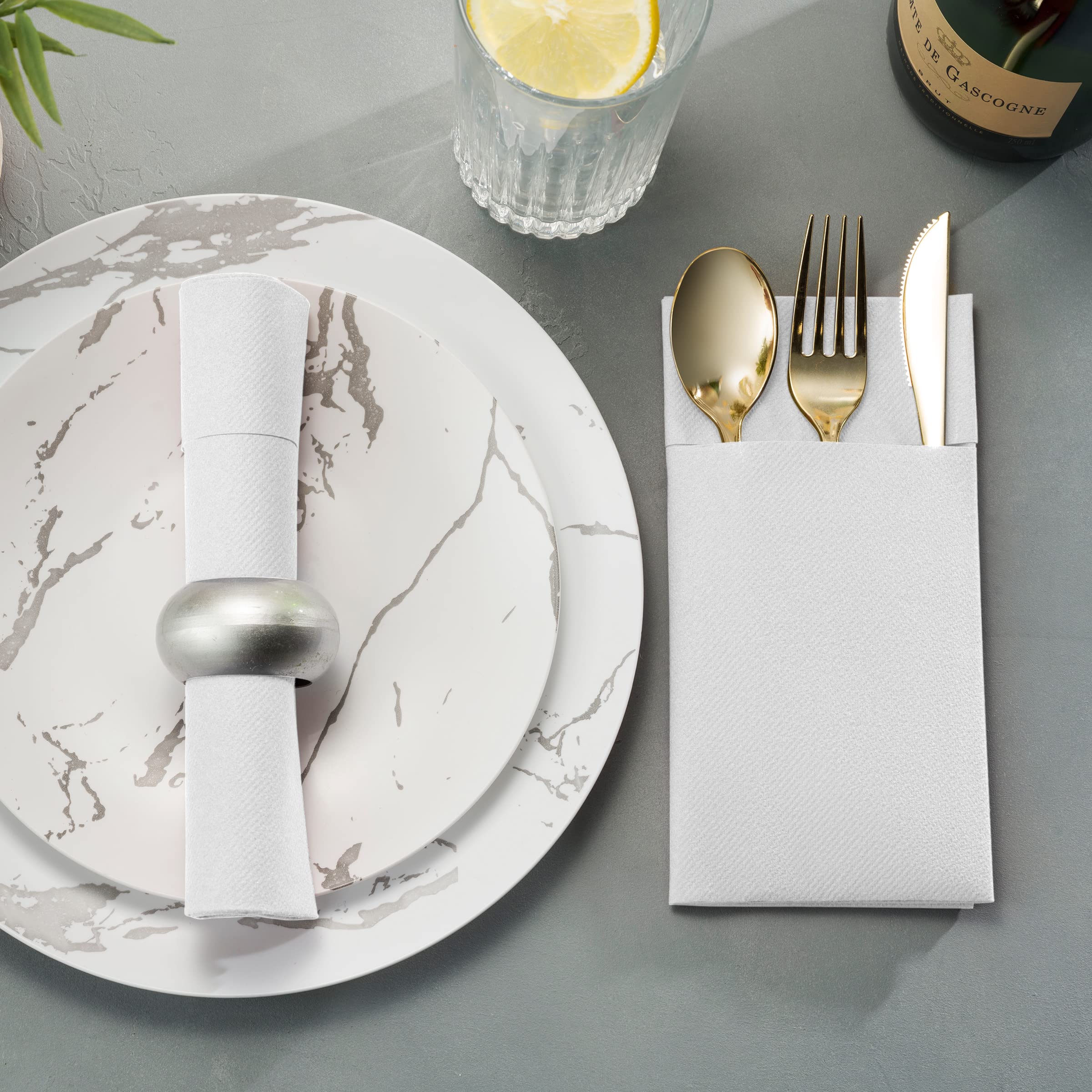 Disposable Linen-Feel Dinner Napkins with Built-in Flatware Pocket  50-Pack WHITE Prefolded Cloth Like Paper Napkins For Dinner  Wedding Or Party [Silverware NOT Included]