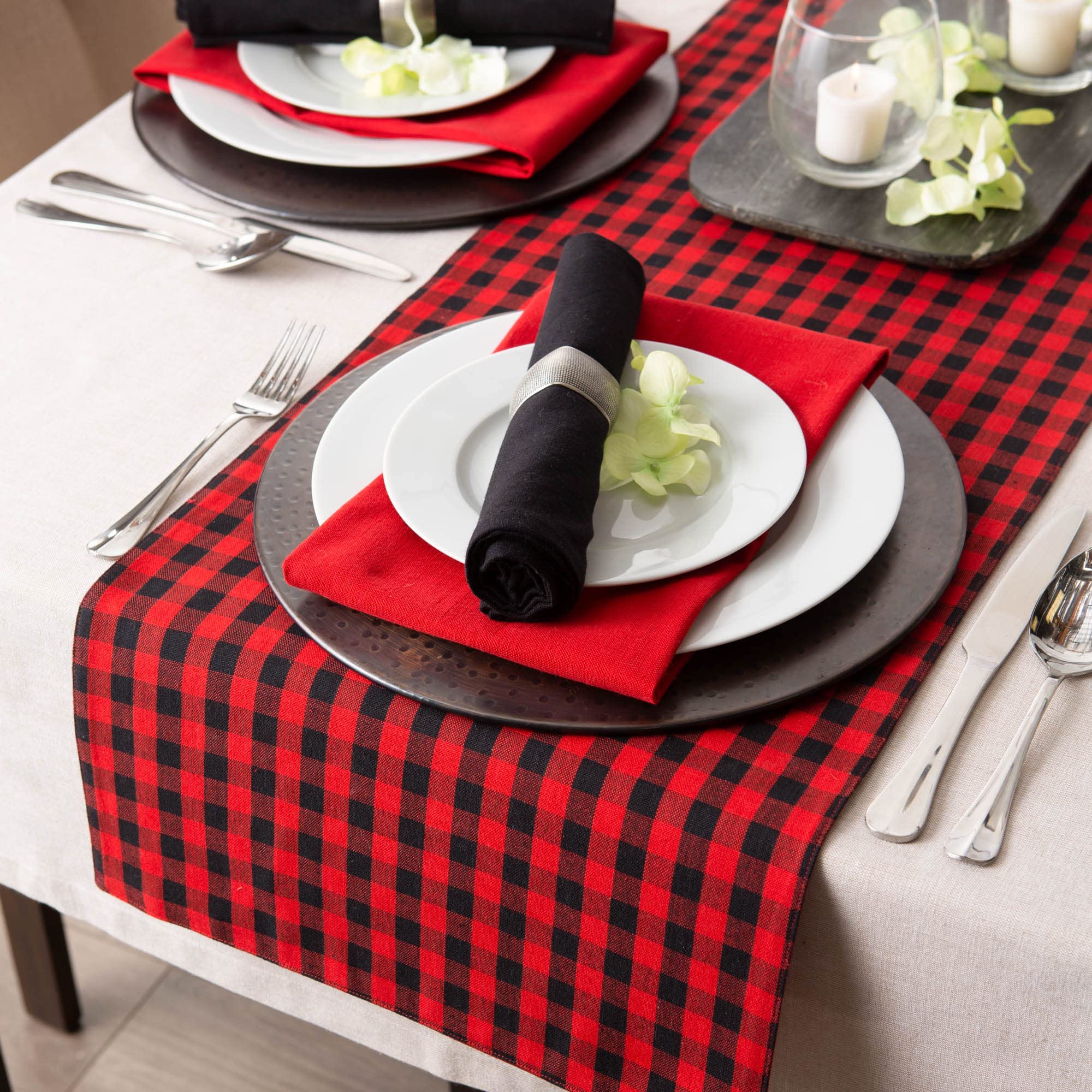 Dii Gingham Check Tabletop Collection, Red/Black, Table Runner, 14X108