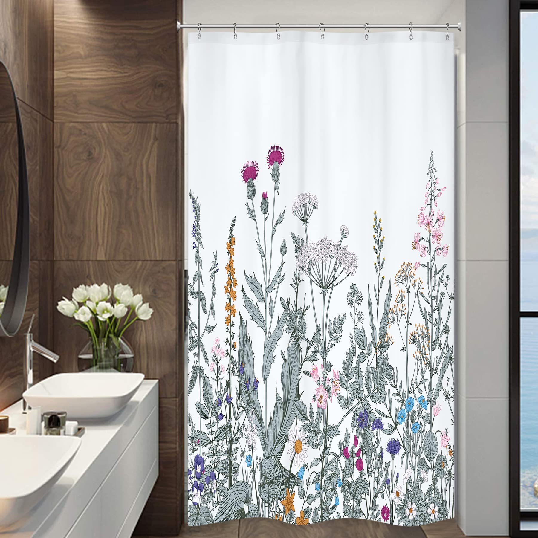 Riyidecor Stall Wild Flower Shower Curtain 36Wx72H Inch Botanical Border Herbs Wildflower Plant Bouquet Watercolor Spring Fabric Waterproof Polyester with 7 Pack Plastic Hooks